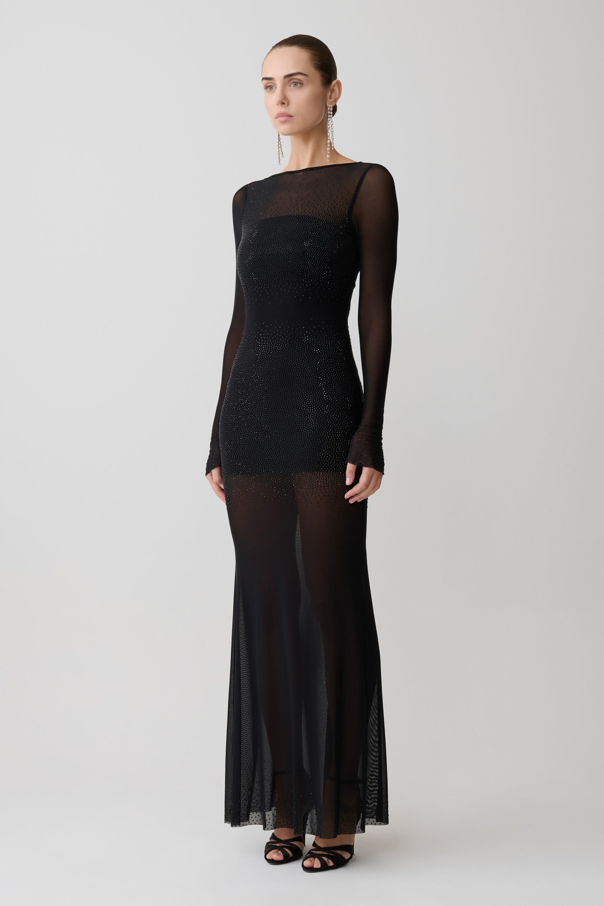 Lior Mesh Maxi Dress With Hotfix / Black | MESHKI