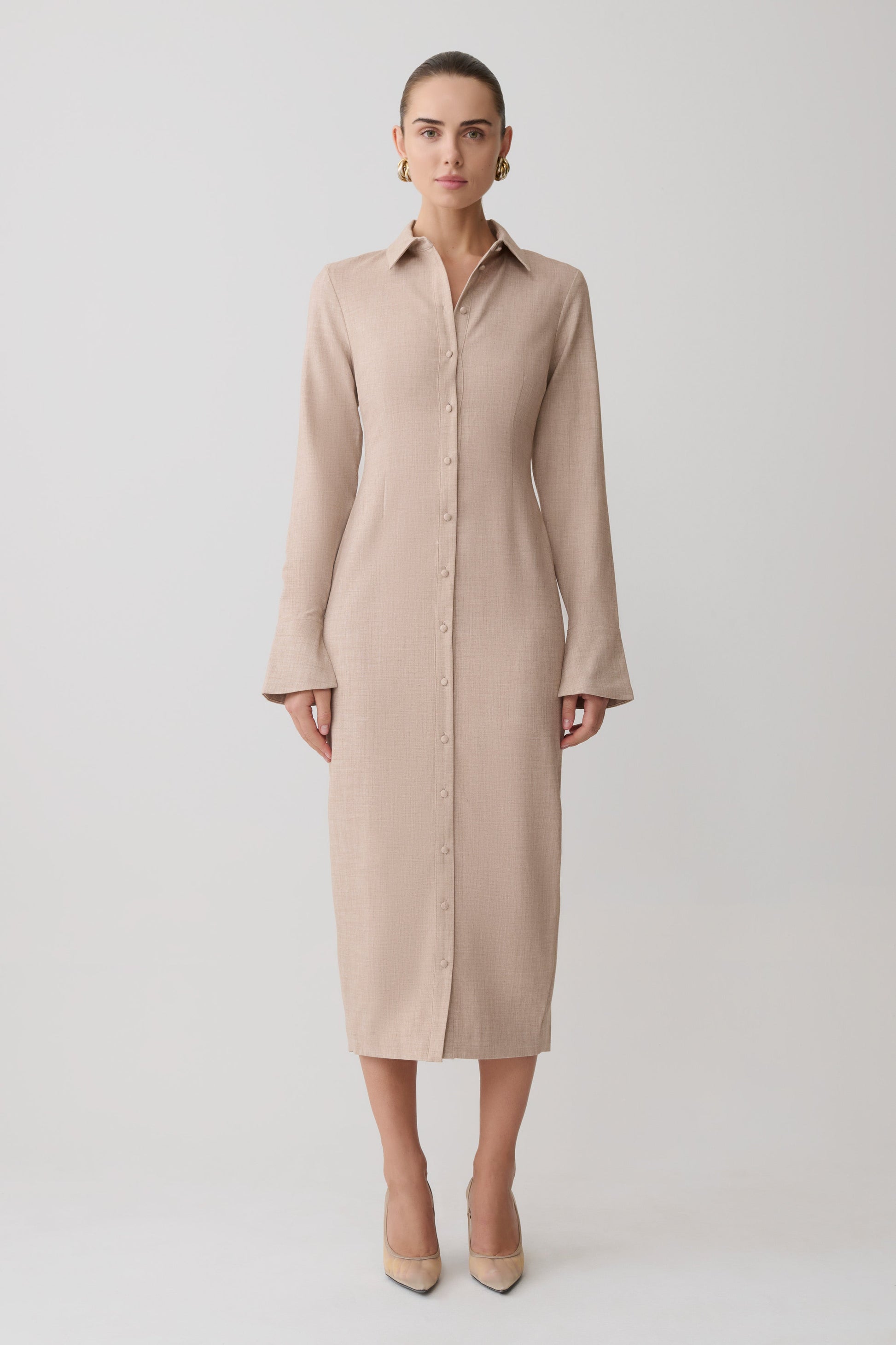 Dorian Fitted Shirt Midi Dress / Wheat Marle | MESHKI