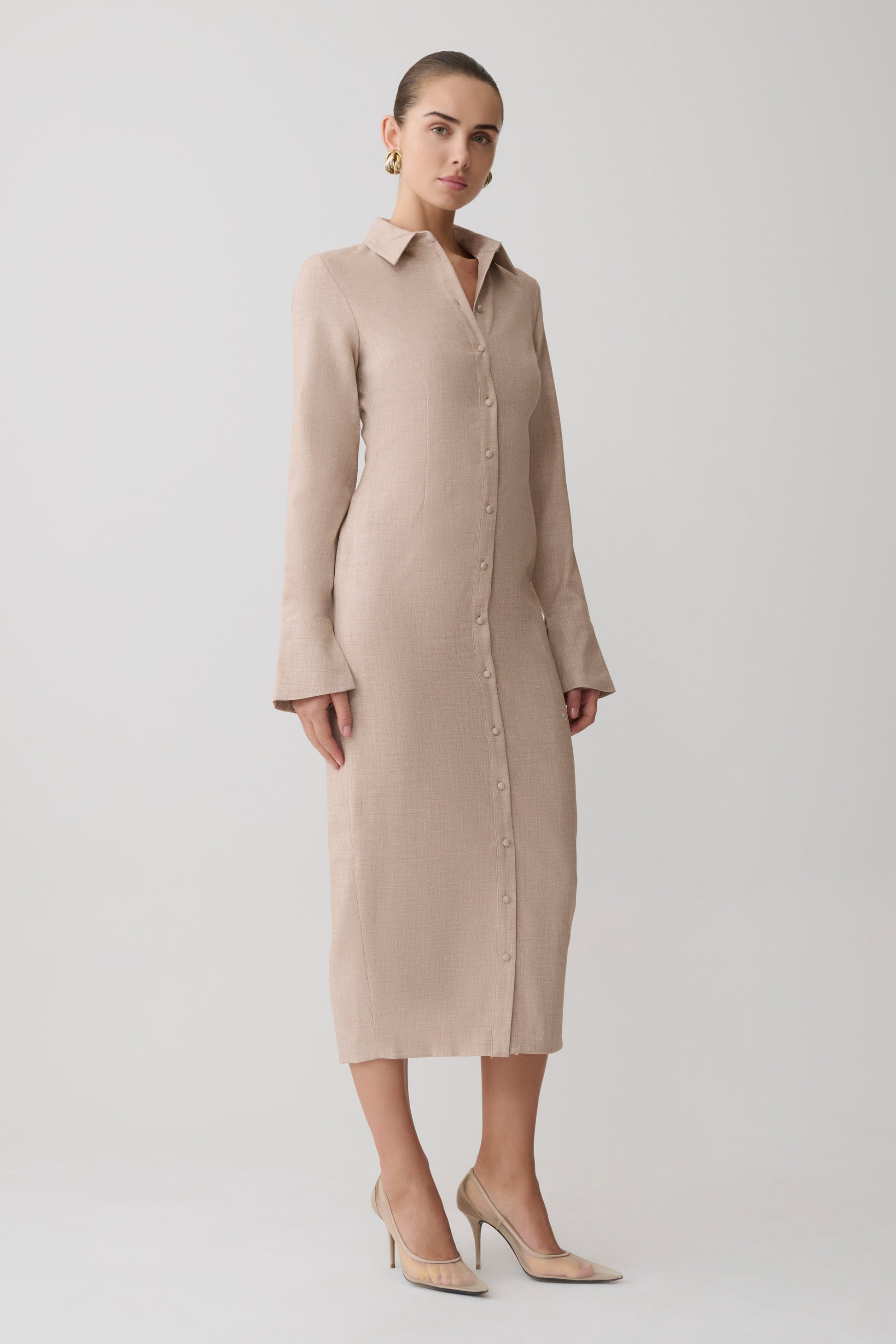 chinese dress ladies Dorian Fitted Shirt Midi Dress / Wheat Marle | Meshki