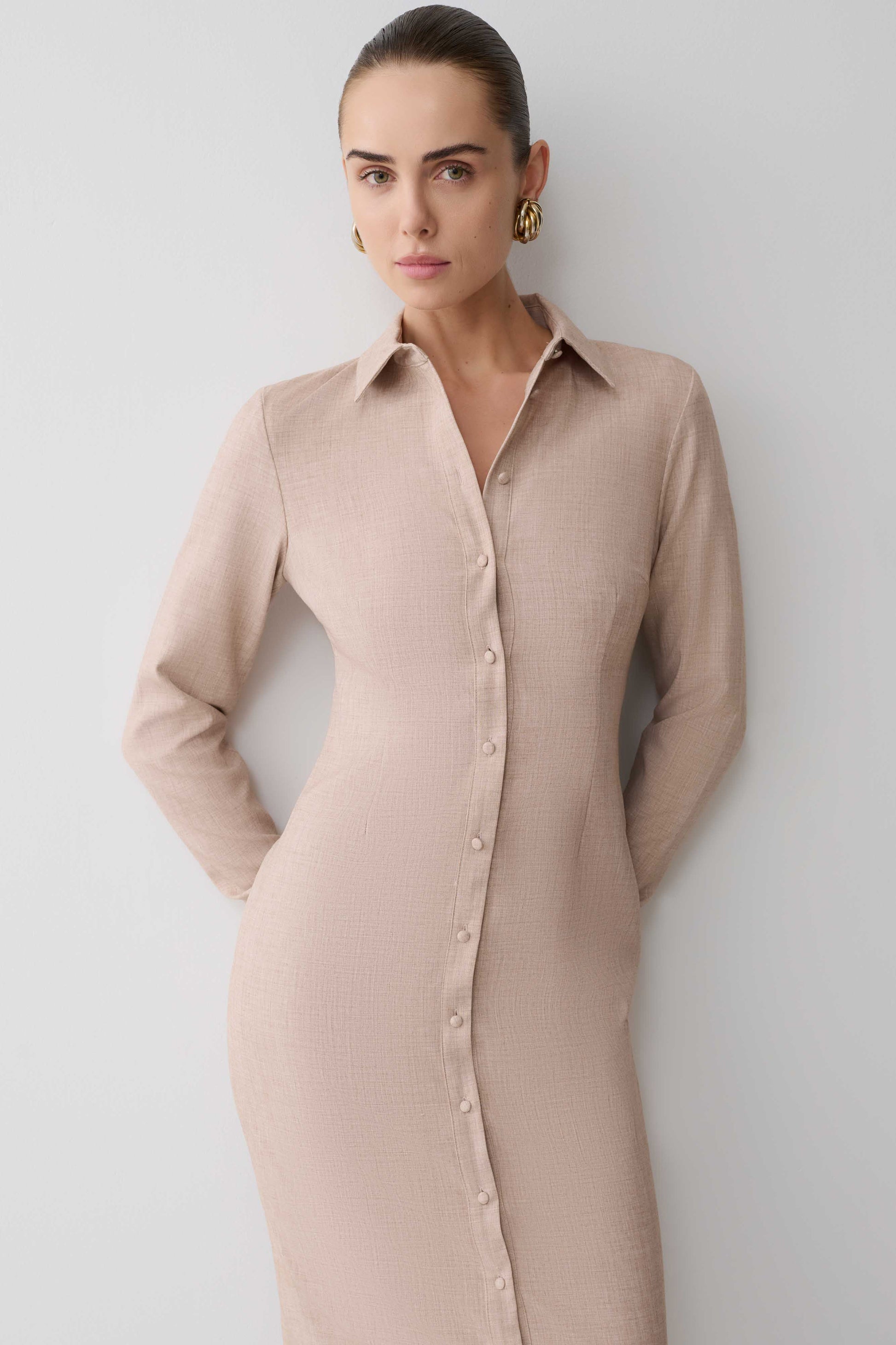 Dorian Fitted Shirt Midi Dress - Wheat Marle #4