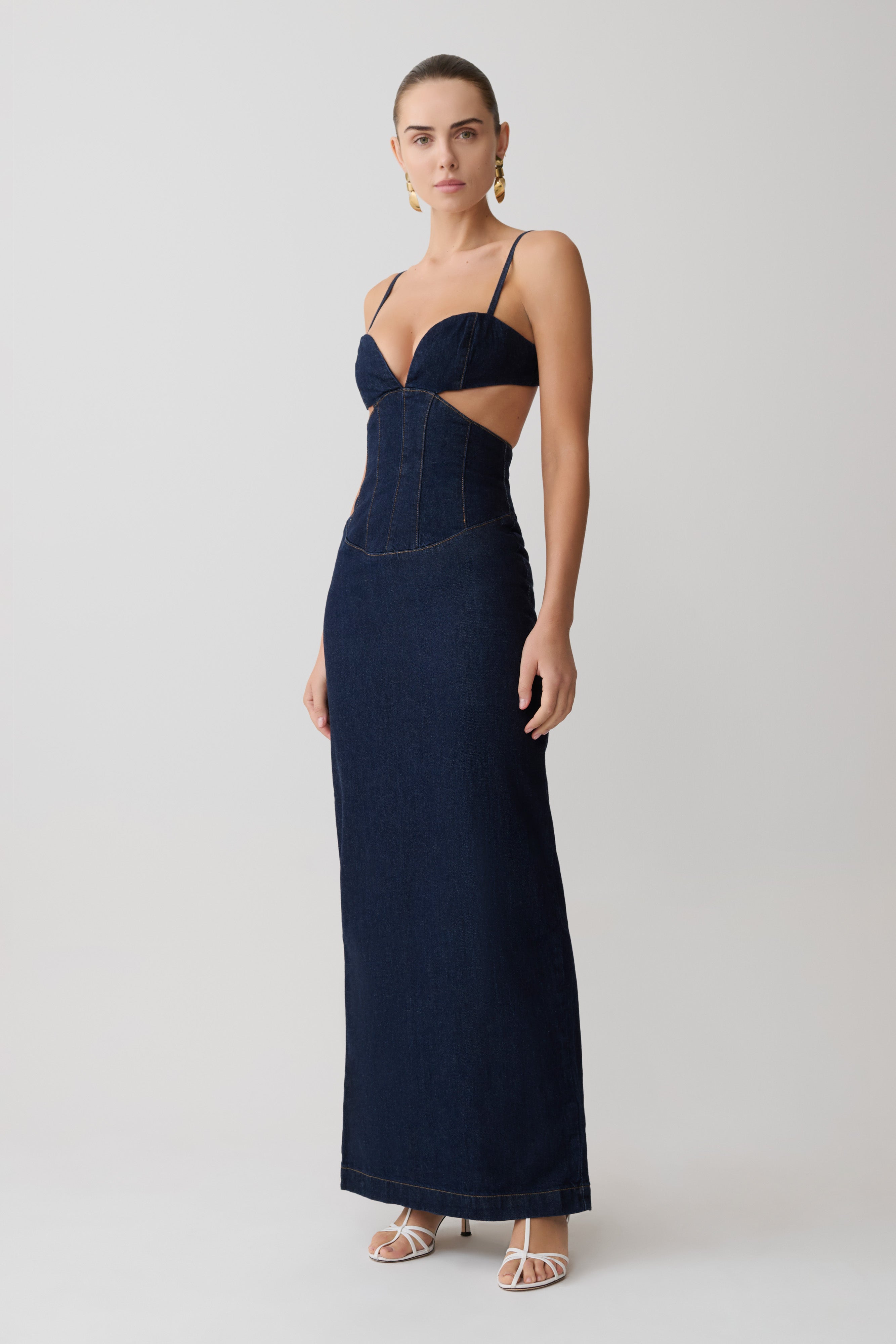 Amila Denim Cupped Maxi Dress - Indigo Blue | MESHKI US