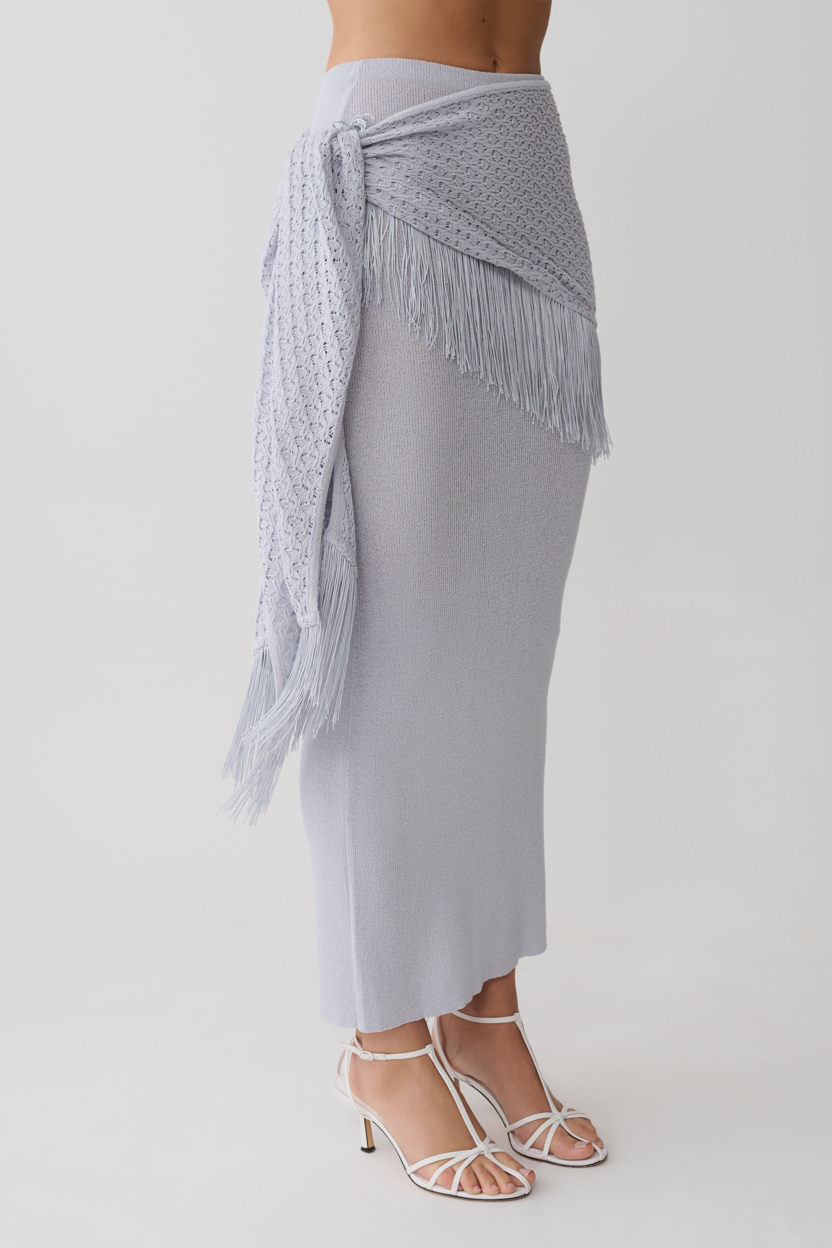 Jaytee Knit Maxi Skirt With Fringe Tie - Sky Blue | MESHKI US