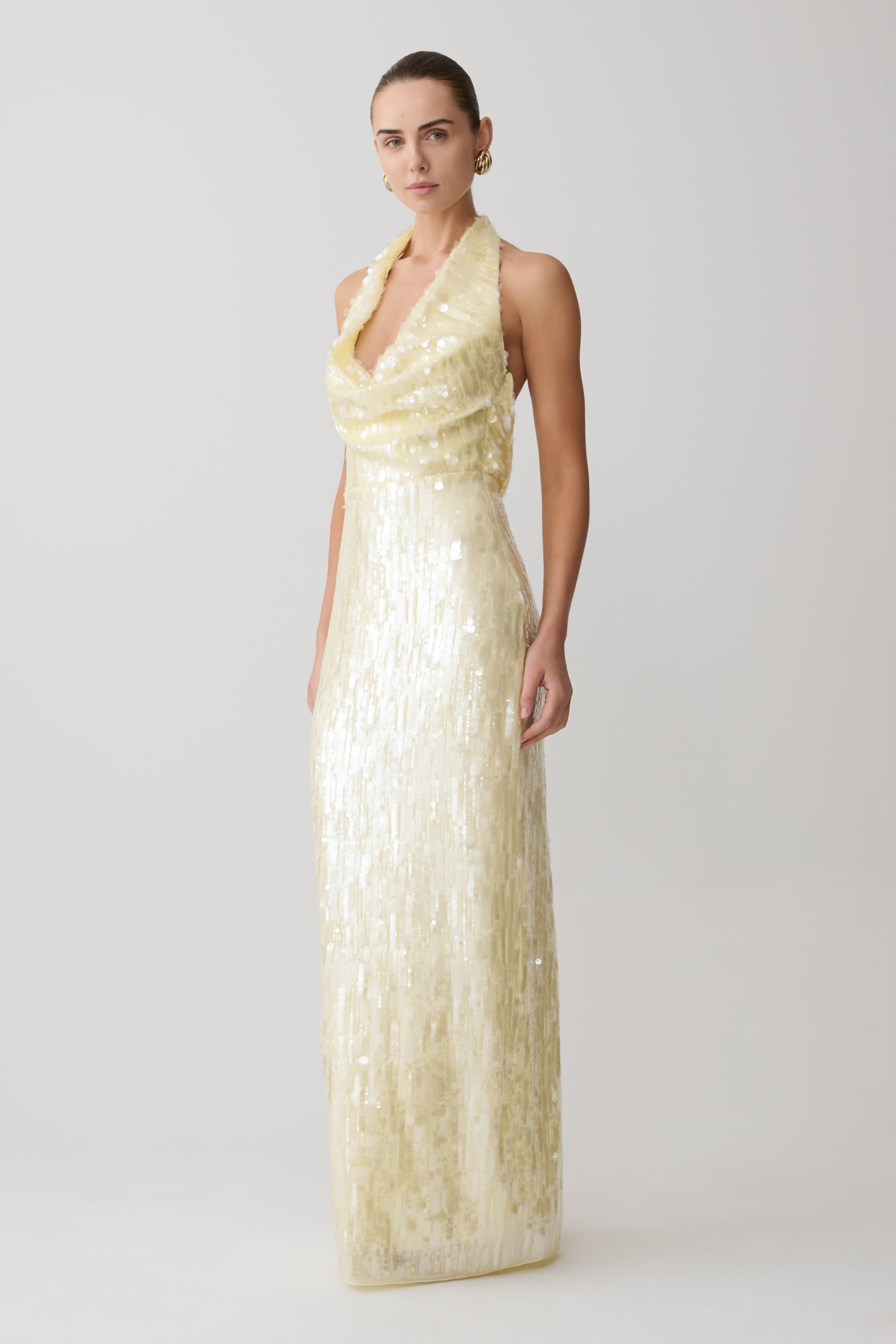 Gertrud Sequin Halter Maxi Dress / Lemon | MESHKI