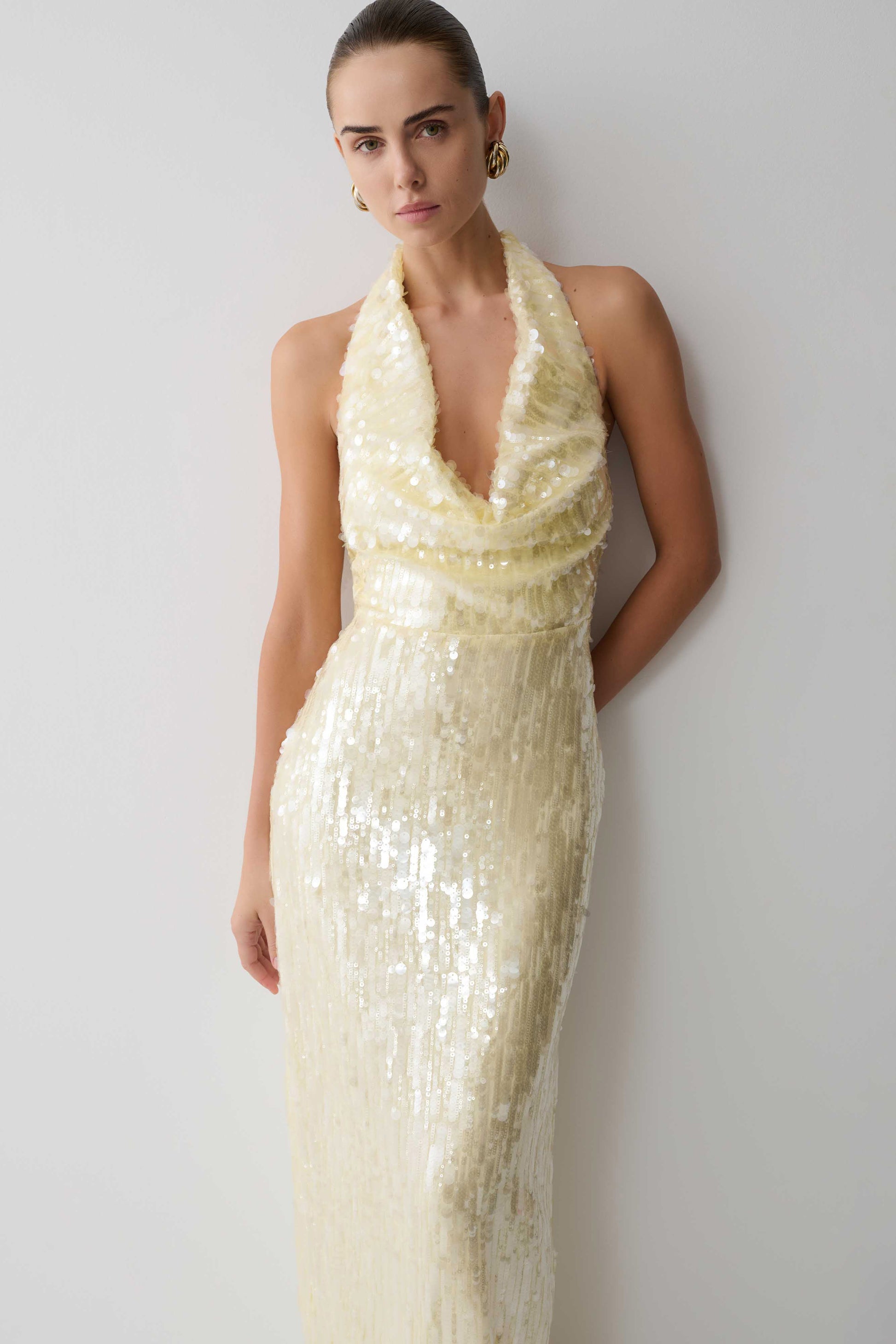 Gertrud Sequin Halter Maxi Dress / Lemon | MESHKI