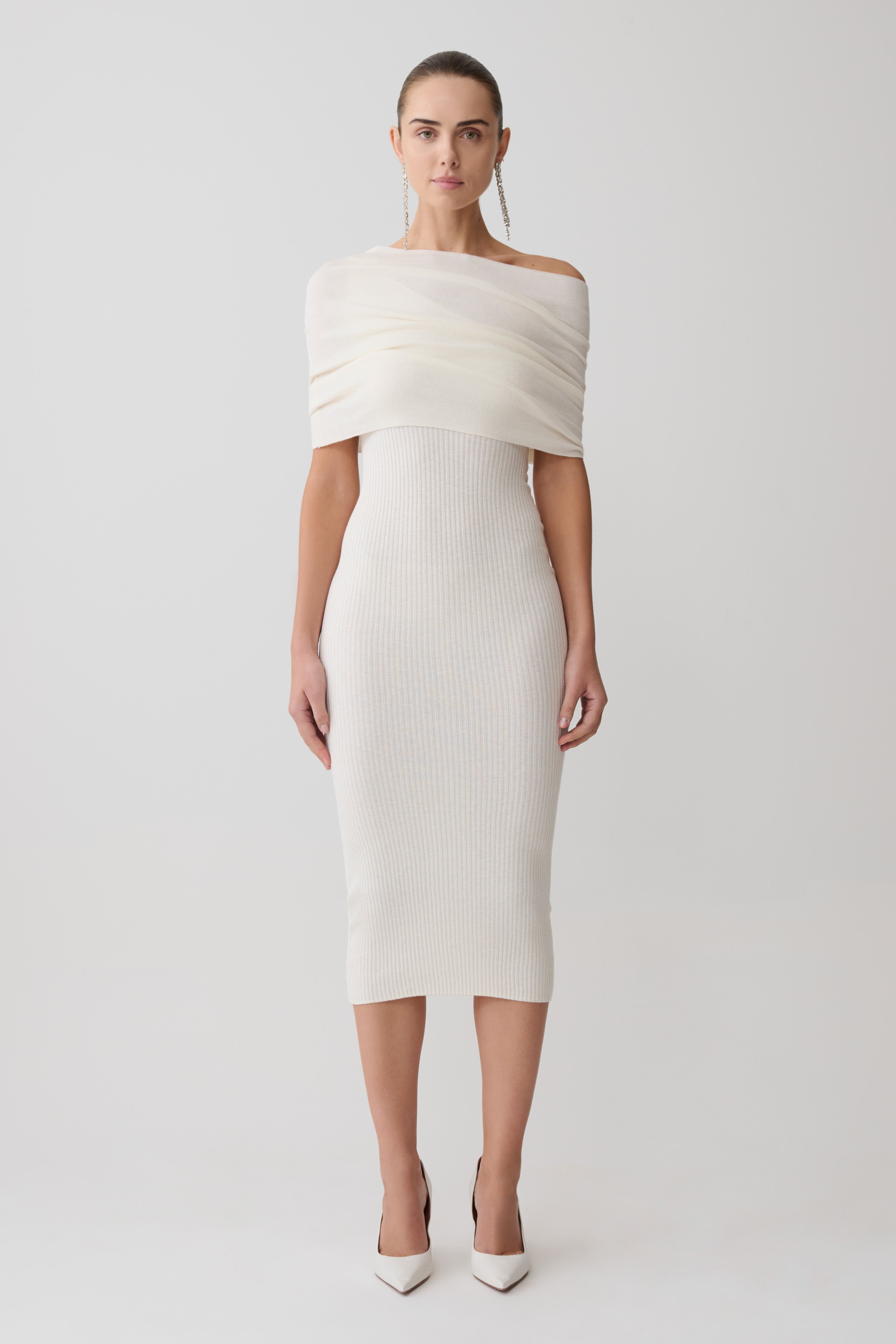 Zandie Cashmere Blend Knit Midi Dress - Ivory | MESHKI US
