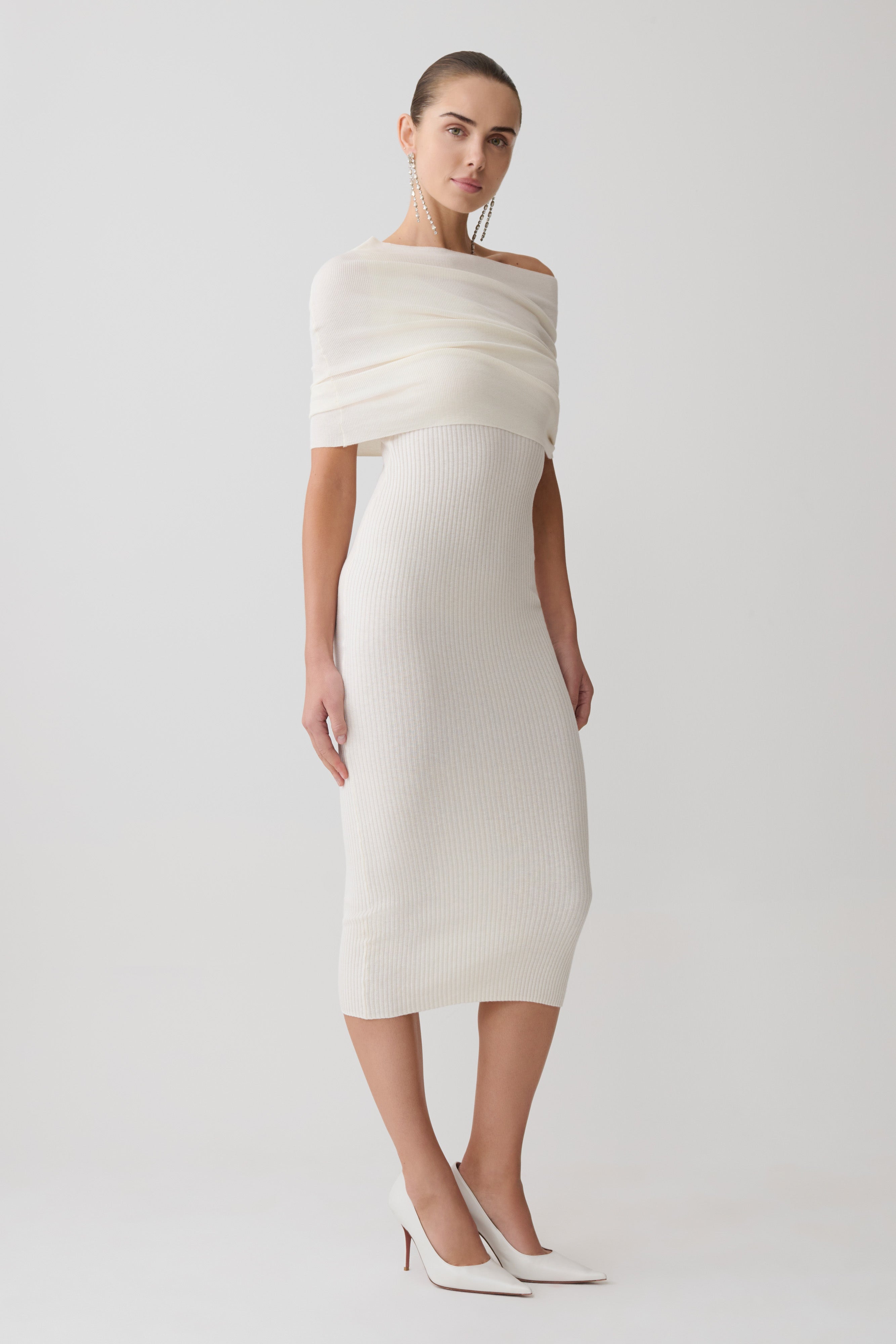 Zandie Cashmere Blend Knit Midi Dress - Ivory | MESHKI US