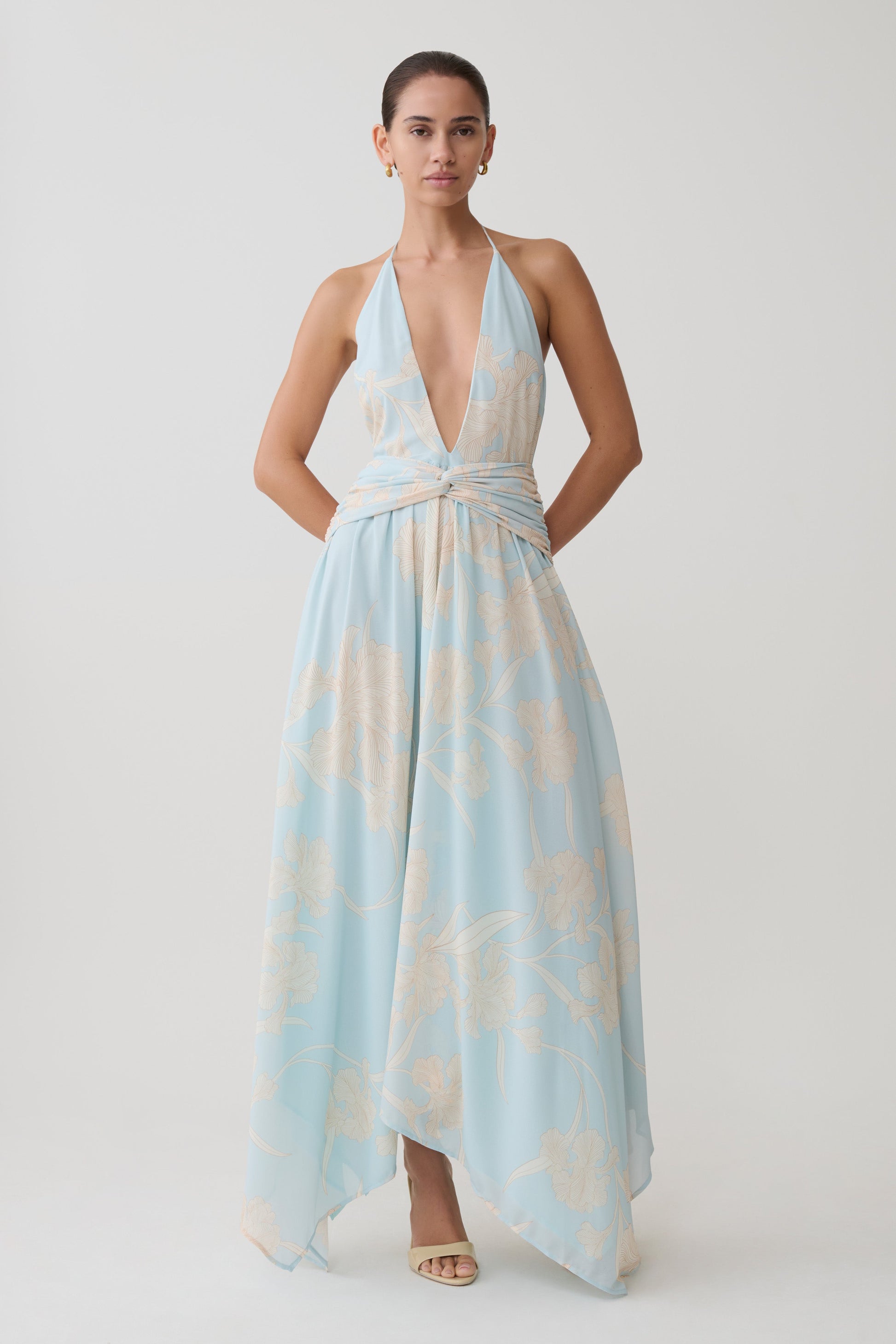 Cyra Plunge Chiffon Midi Dress / Blue Floral Print | MESHKI