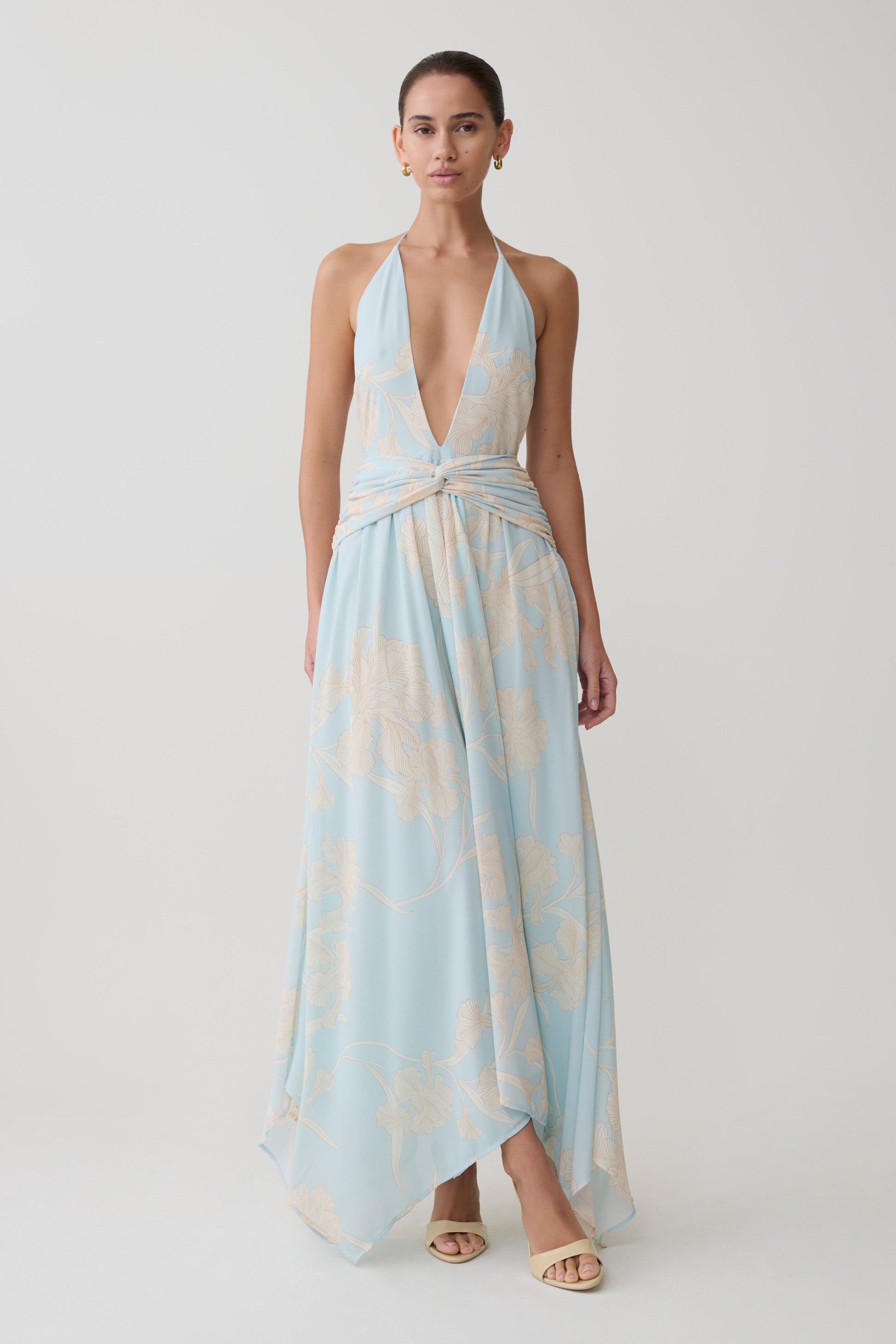 Cyra Plunge Chiffon Midi Dress / Blue Floral Print | MESHKI
