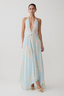 plus blue abstract print chiffon ruched drape midi dress Cyra Plunge Chiffon Midi Dress / Blue Floral Print | MESHKI