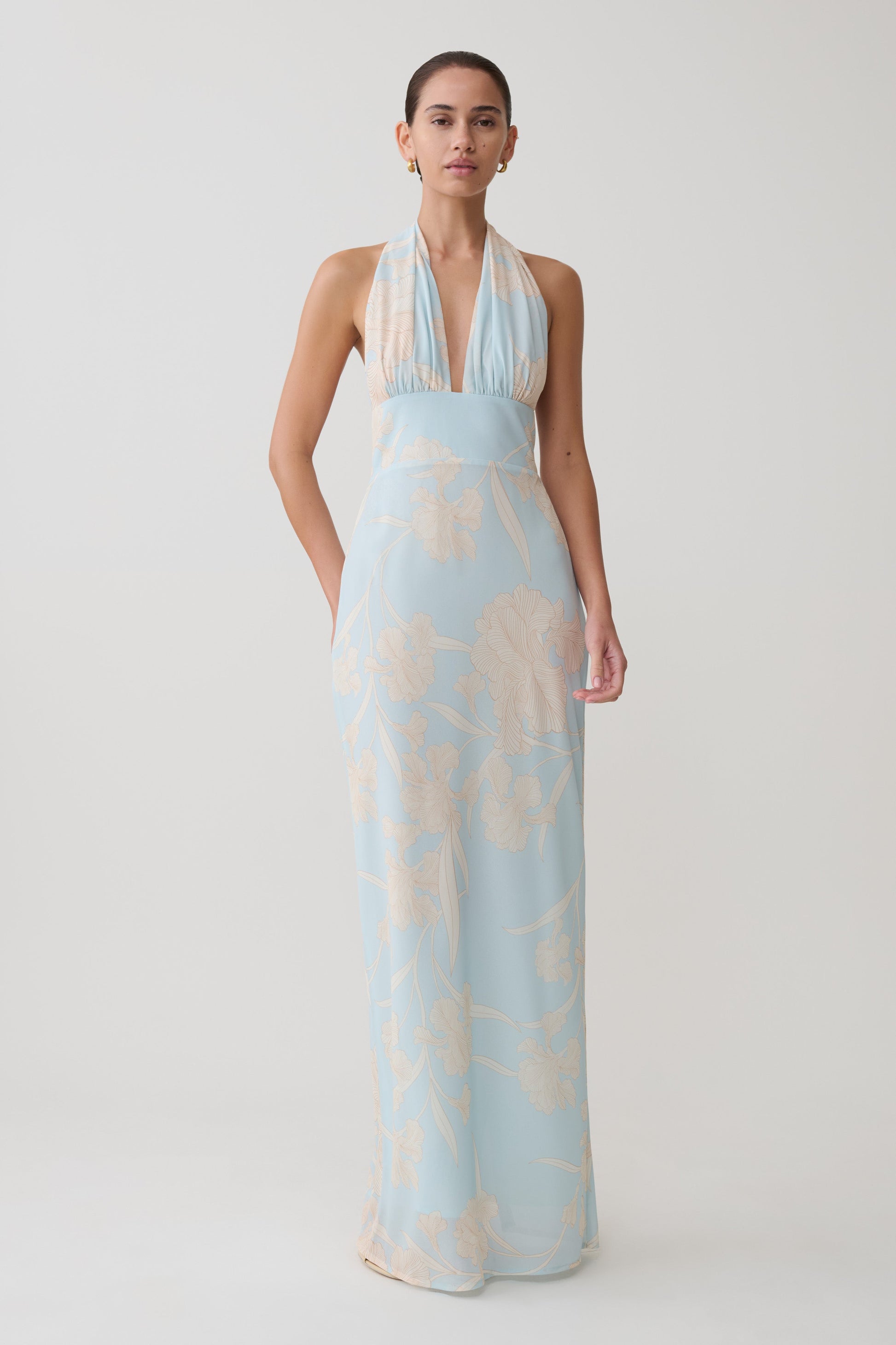 Nadine Halter Scarf Chiffon Maxi Dress / Blue Floral Print | MESHKI