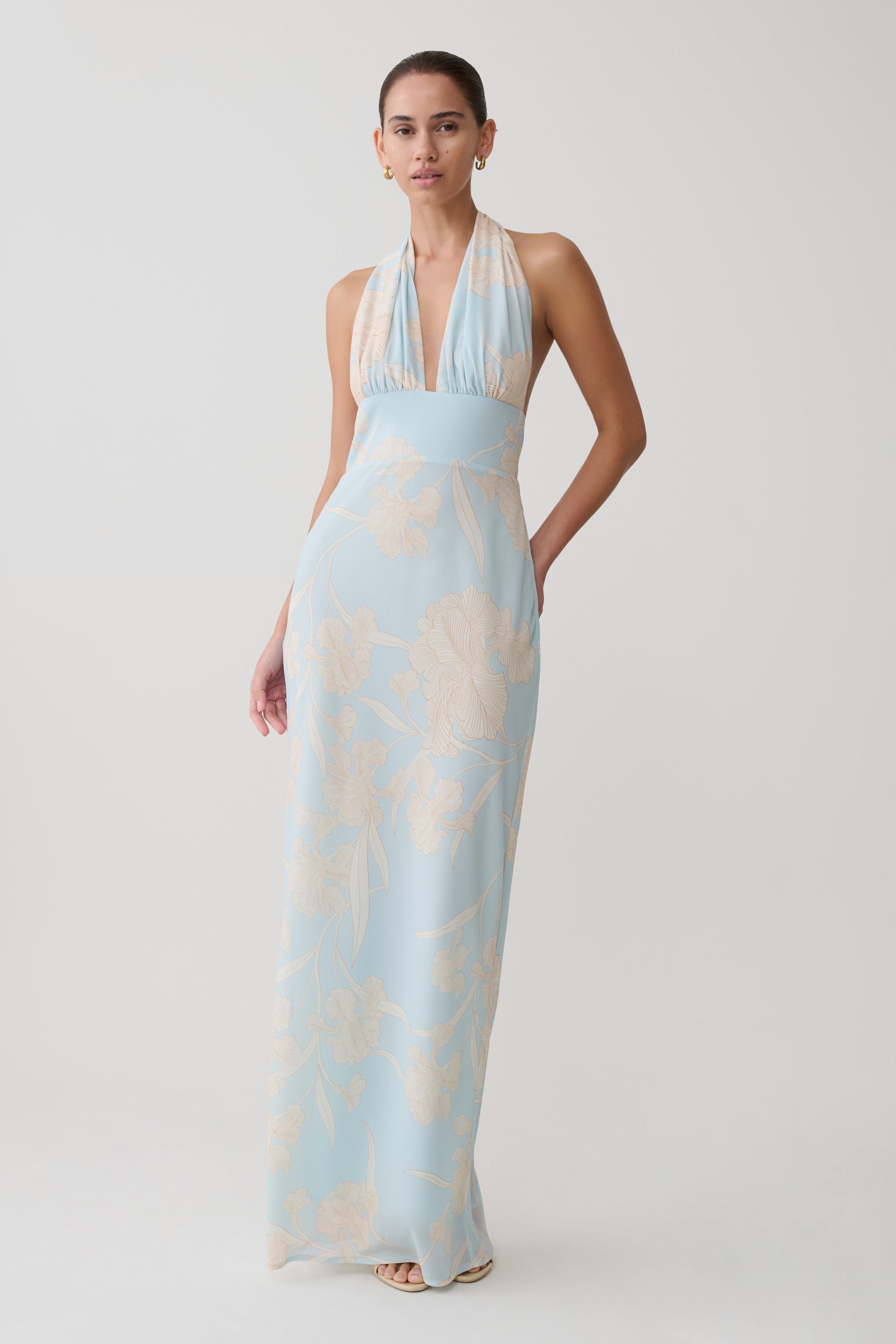 Nadine Halter Scarf Chiffon Maxi Dress / Blue Floral Print | MESHKI
