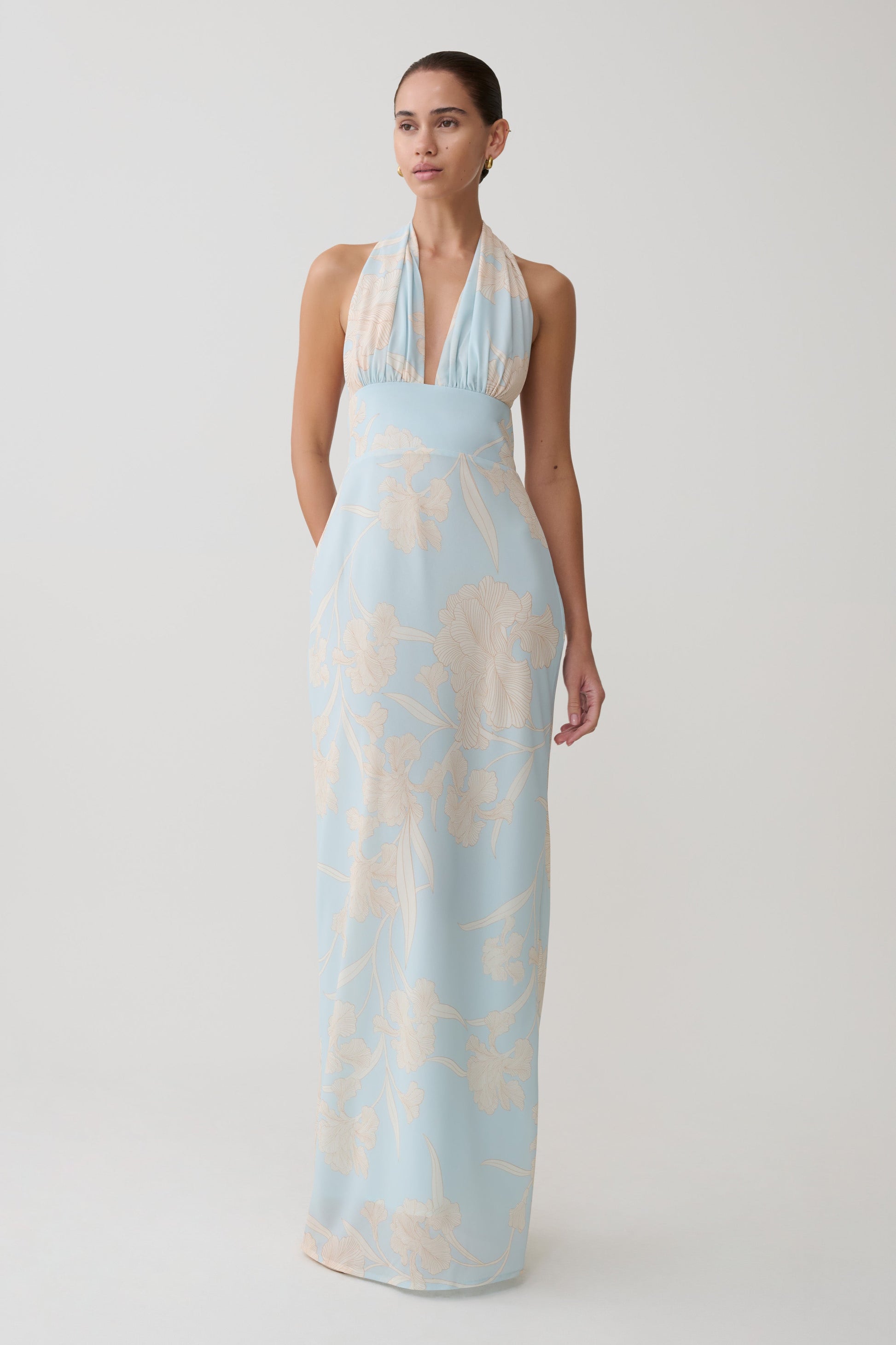 Nadine Halter Scarf Chiffon Maxi Dress / Blue Floral Print | MESHKI