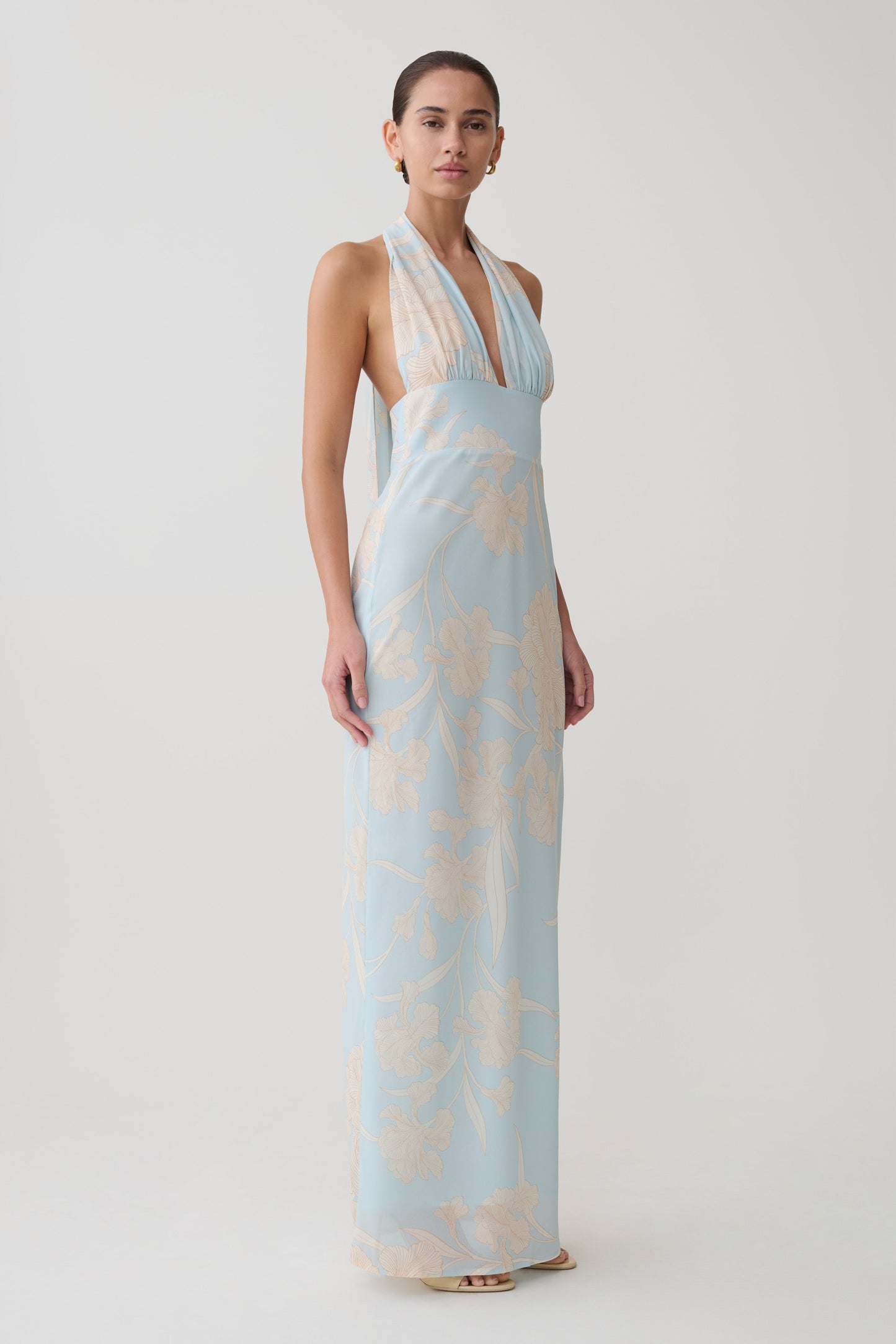Nadine Halter Scarf Chiffon Maxi Dress - Blue Floral Print