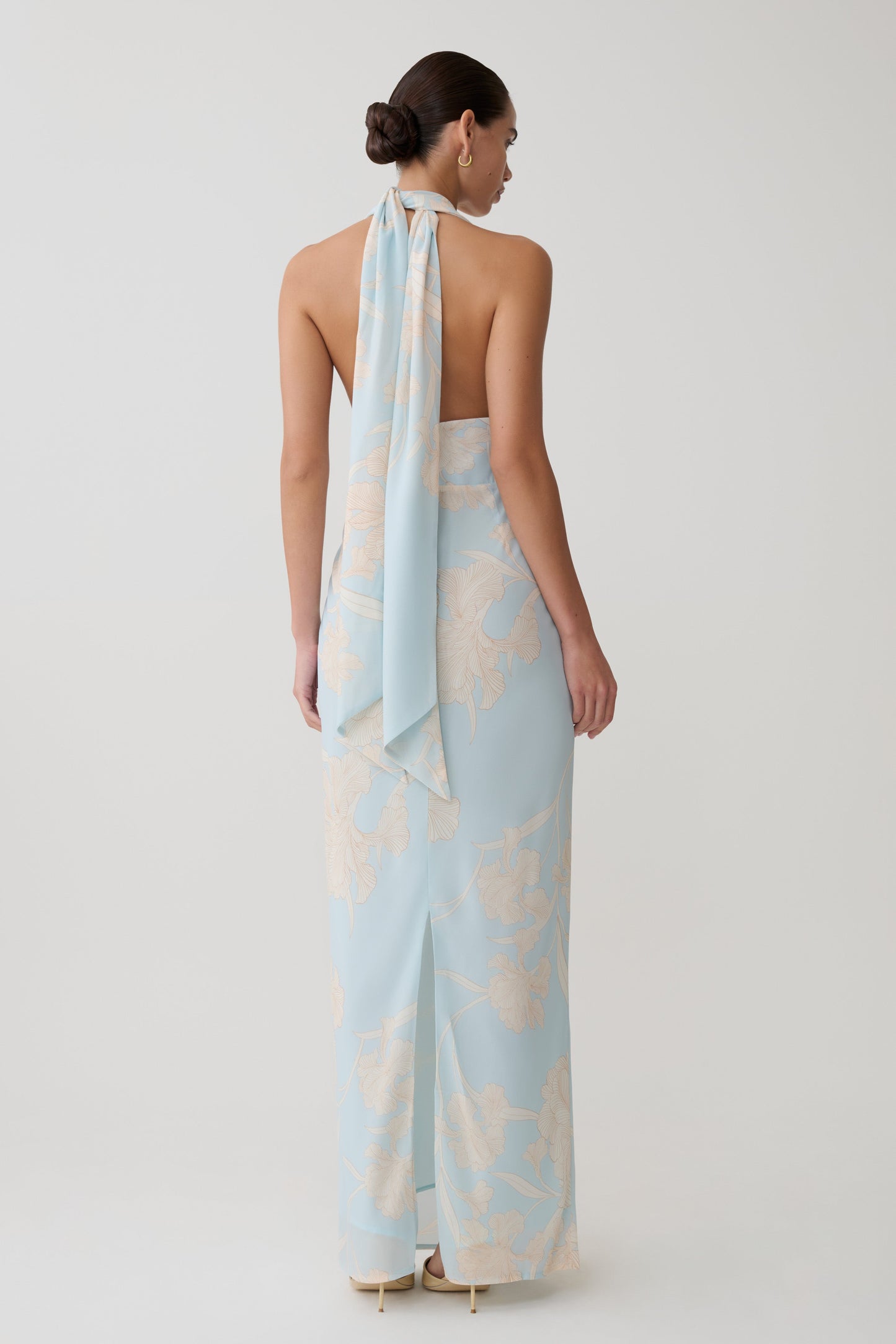 Nadine Halter Scarf Chiffon Maxi Dress - Blue Floral Print