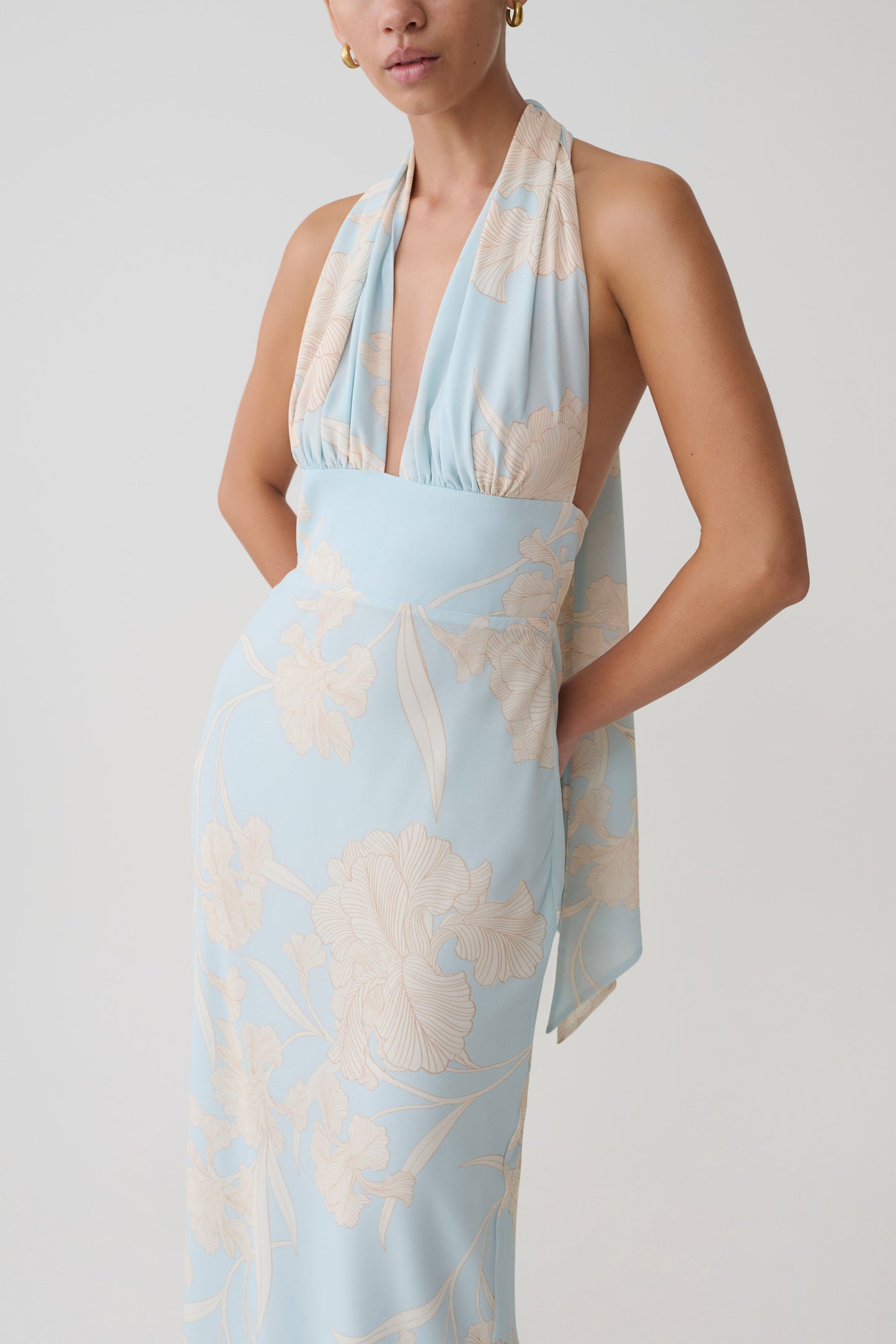Nadine Halter Scarf Chiffon Maxi Dress - Blue Floral Print