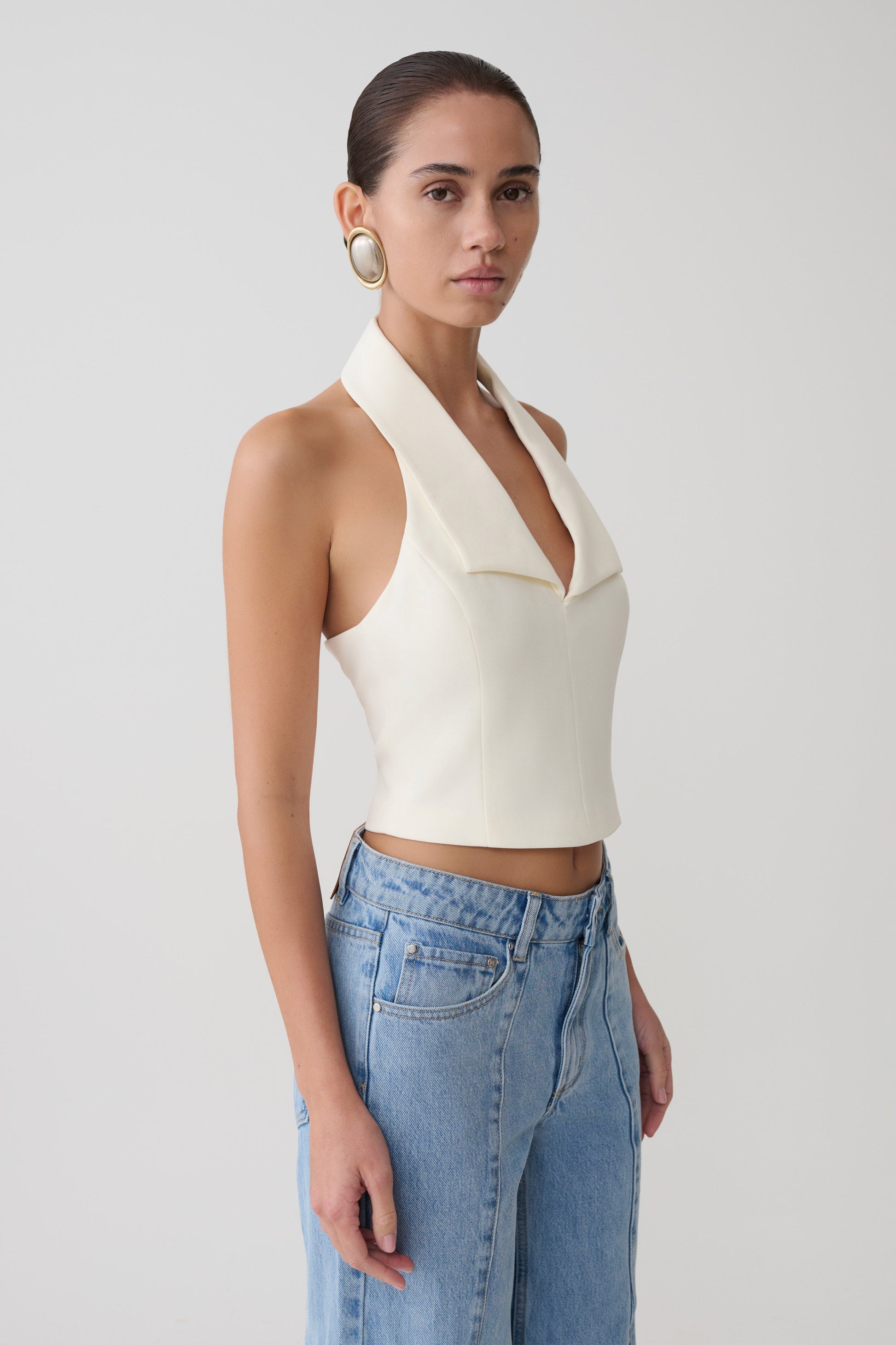 Calla Collared Sleeveless Halter Top / Ivory | MESHKI | XXS Calla Collared Sleeveless Halter Top / Ivory | MESHKI | XXS