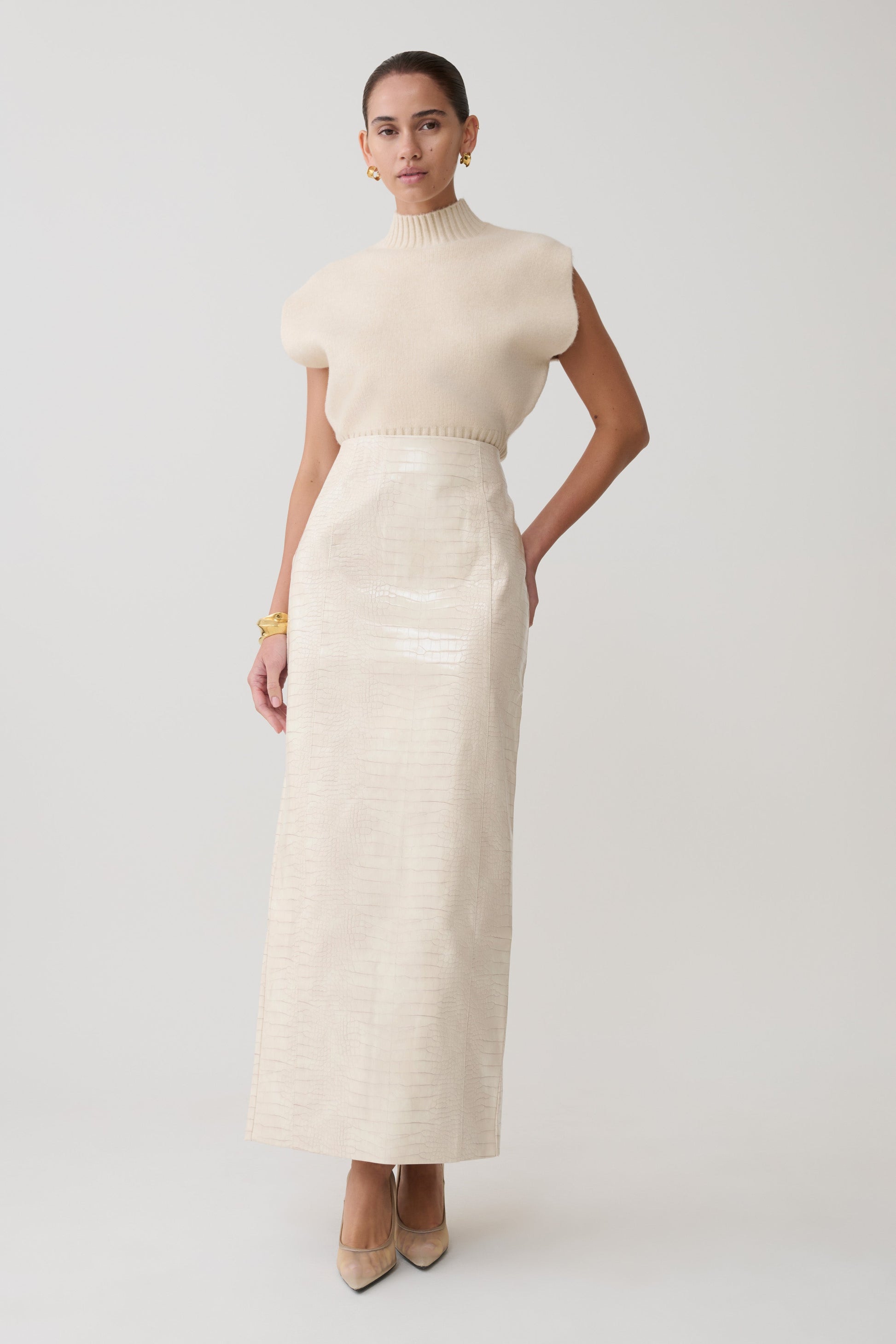 Thalia Croc Faux Leather Midi Skirt / Ivory | MESHKI | S