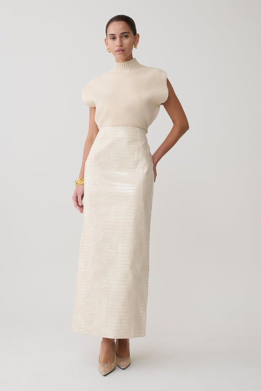 Thalia Croc Faux Leather Midi Skirt - Ivory