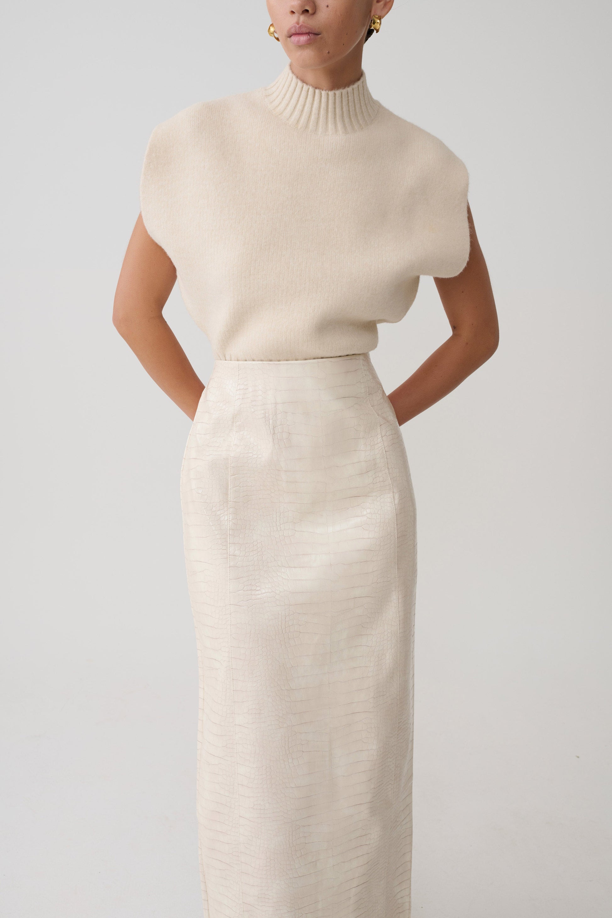 Thalia Croc Faux Leather Midi Skirt - Ivory | MESHKI US Thalia Croc Faux Leather Midi Skirt - Ivory | MESHKI US