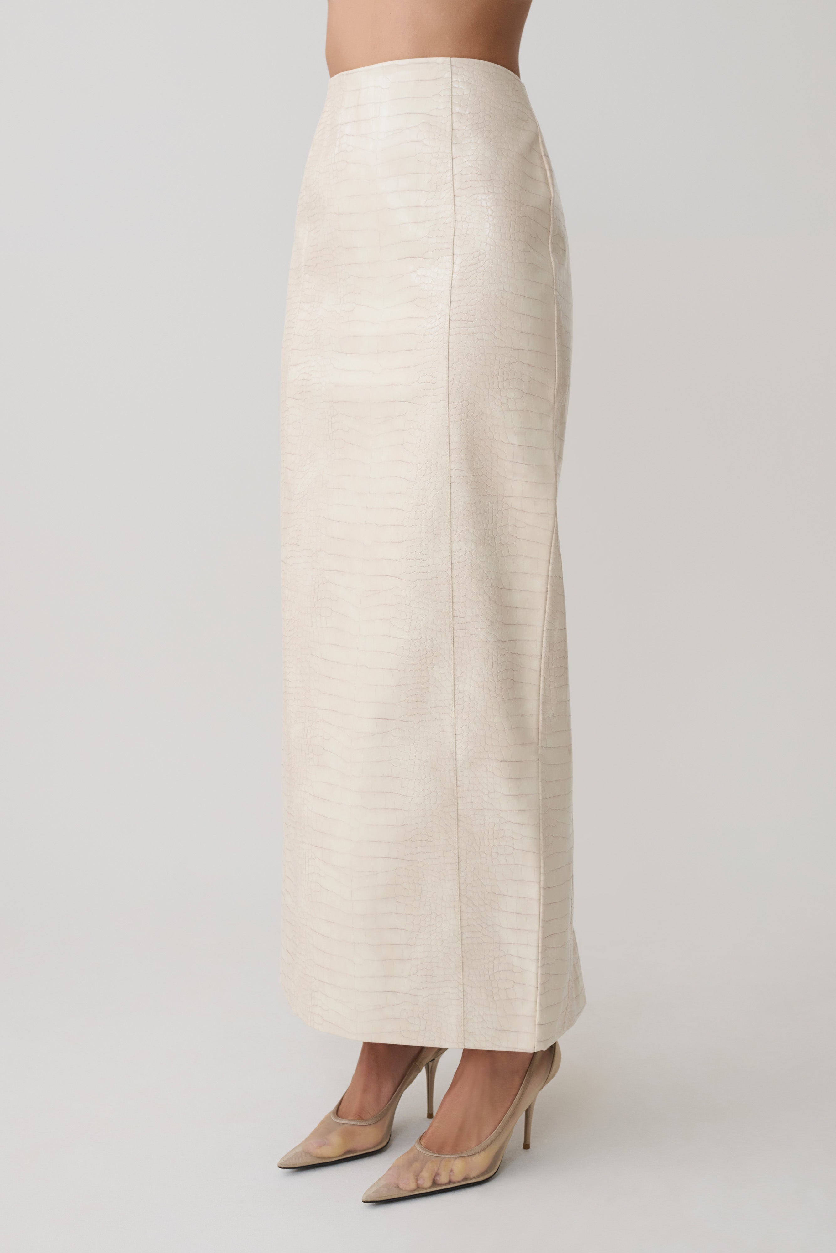 Thalia Croc Faux Leather Midi Skirt - Ivory | MESHKI US