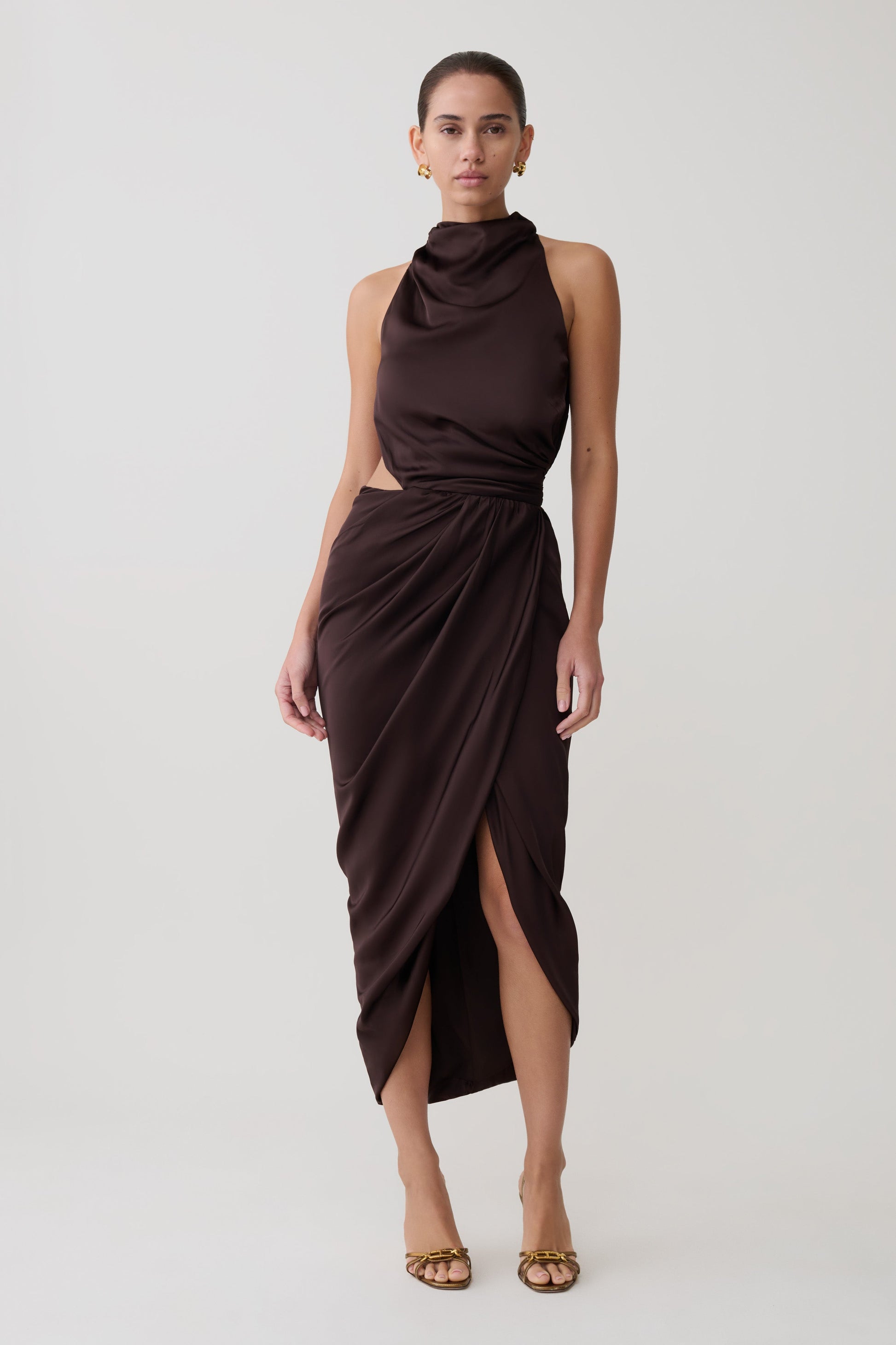 Aveline Draped Halter Midi Dress / Dark Chocolate | MESHKI | XL Aveline Draped Halter Midi Dress / Dark Chocolate | MESHKI | XL