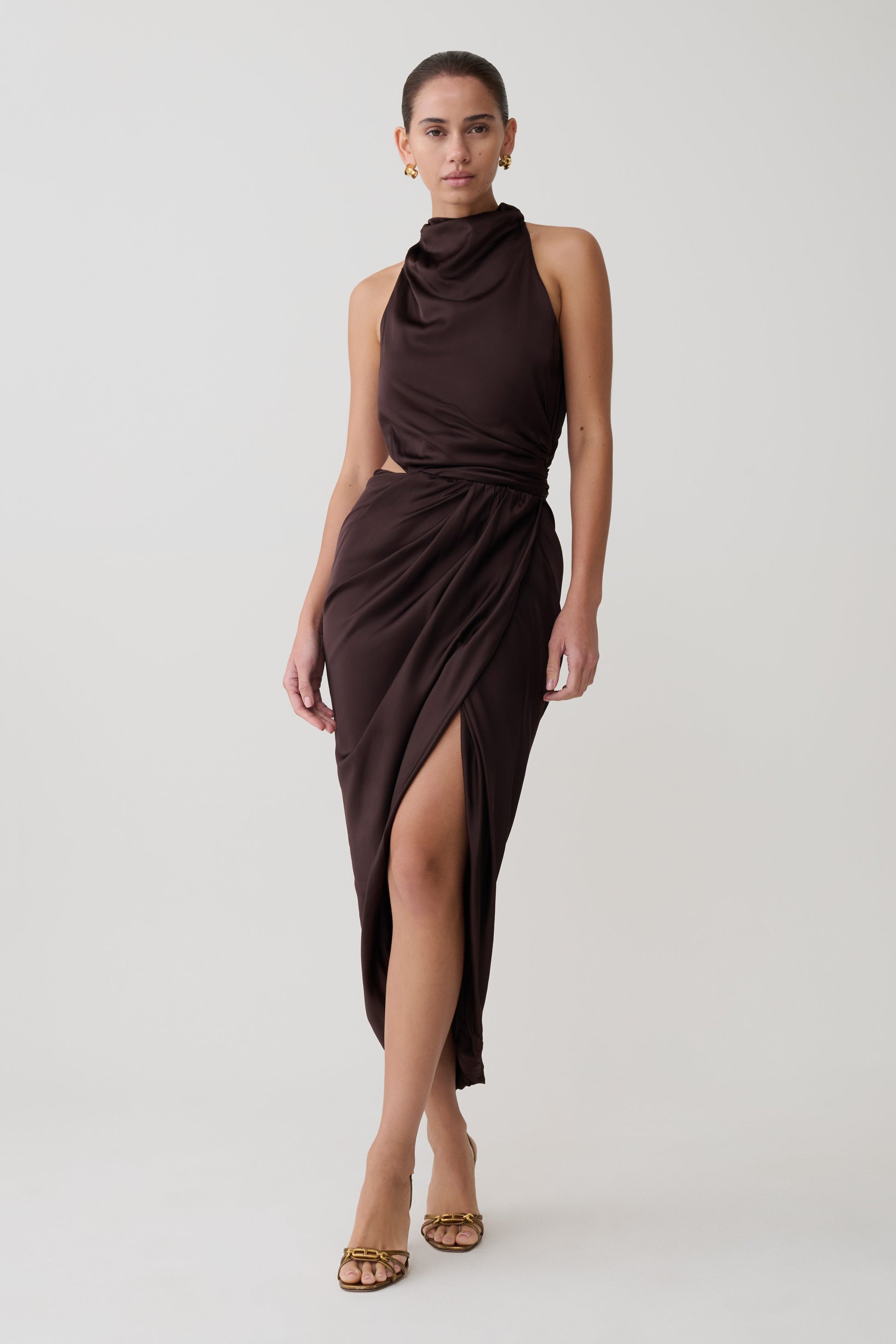 Aveline Draped Halter Midi Dress / Dark Chocolate | MESHKI