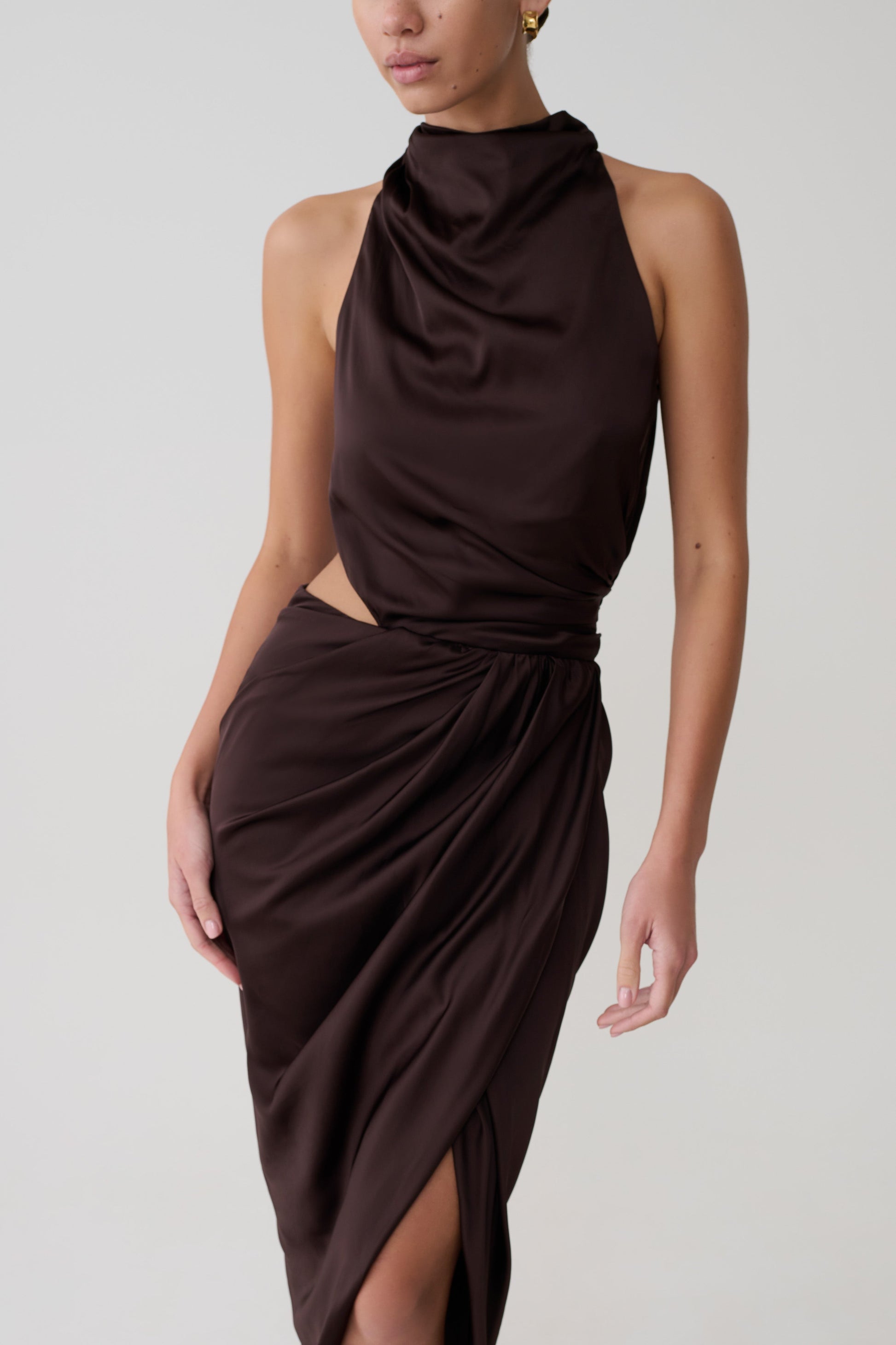 Aveline Draped Halter Midi Dress / Dark Chocolate | MESHKI | XL Aveline Draped Halter Midi Dress / Dark Chocolate | MESHKI | XL