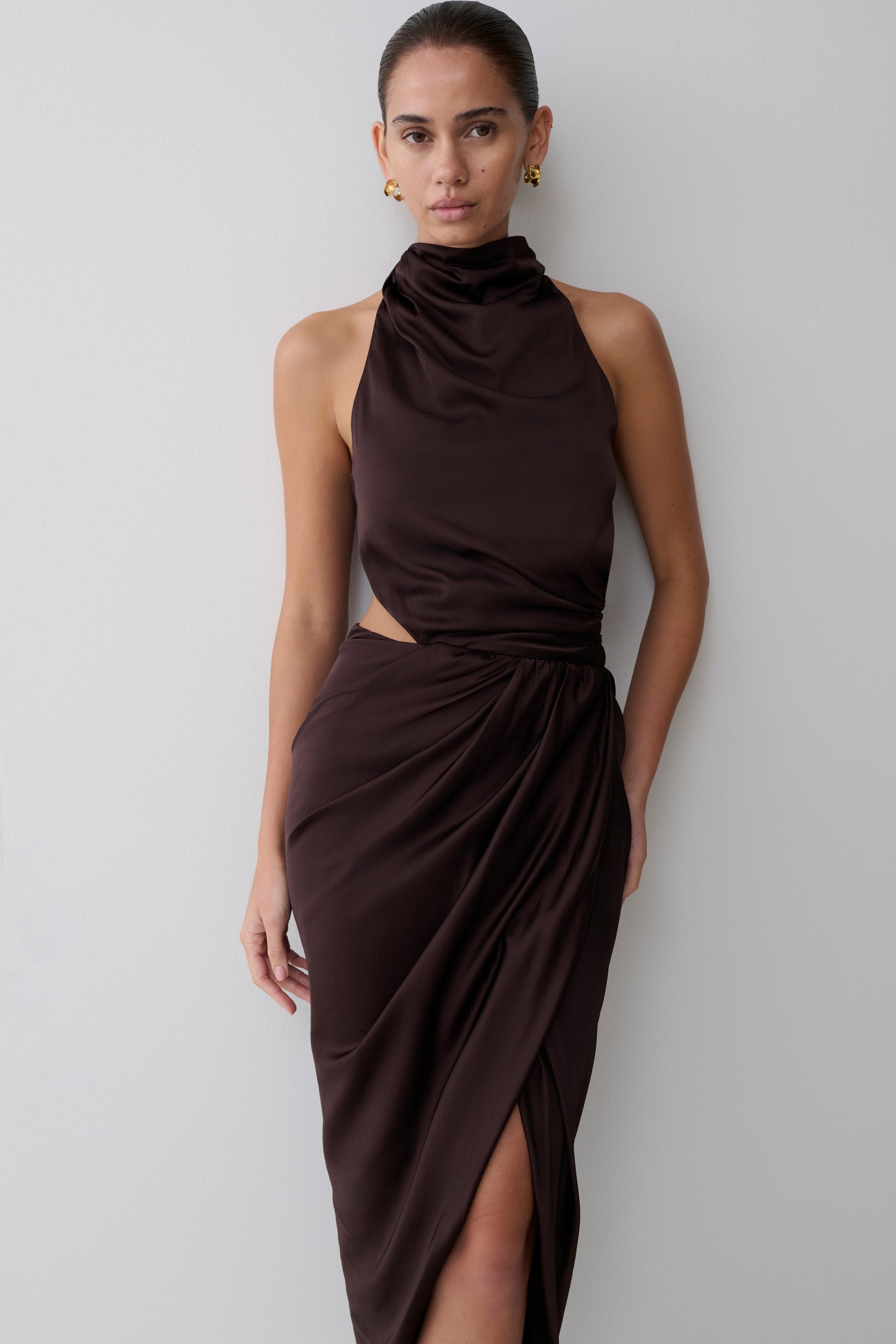 Aveline Draped Halter Midi Dress / Dark Chocolate | MESHKI