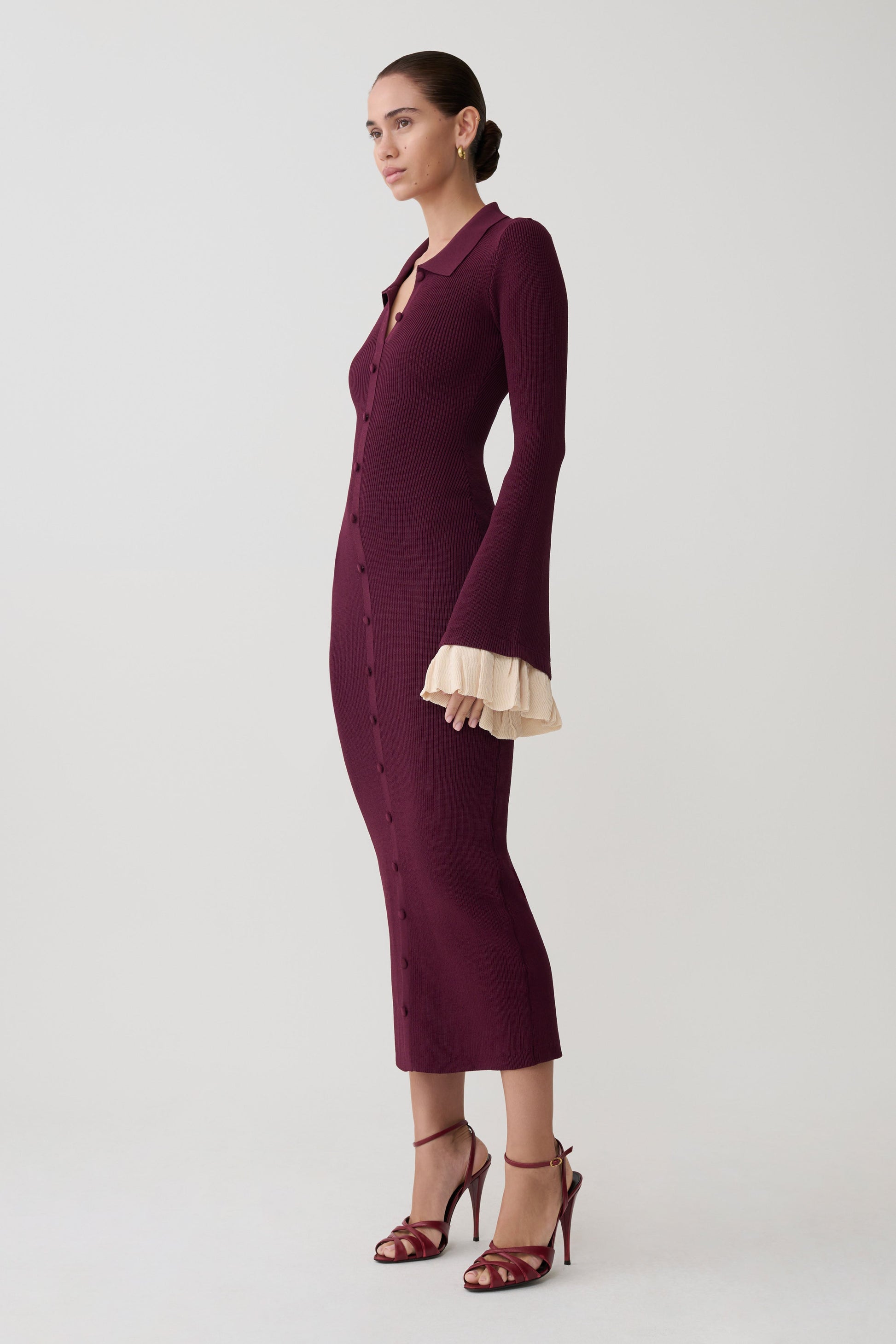 ruffled knit dress Ruffle Knit Rib Ruched Dress - Racing Red