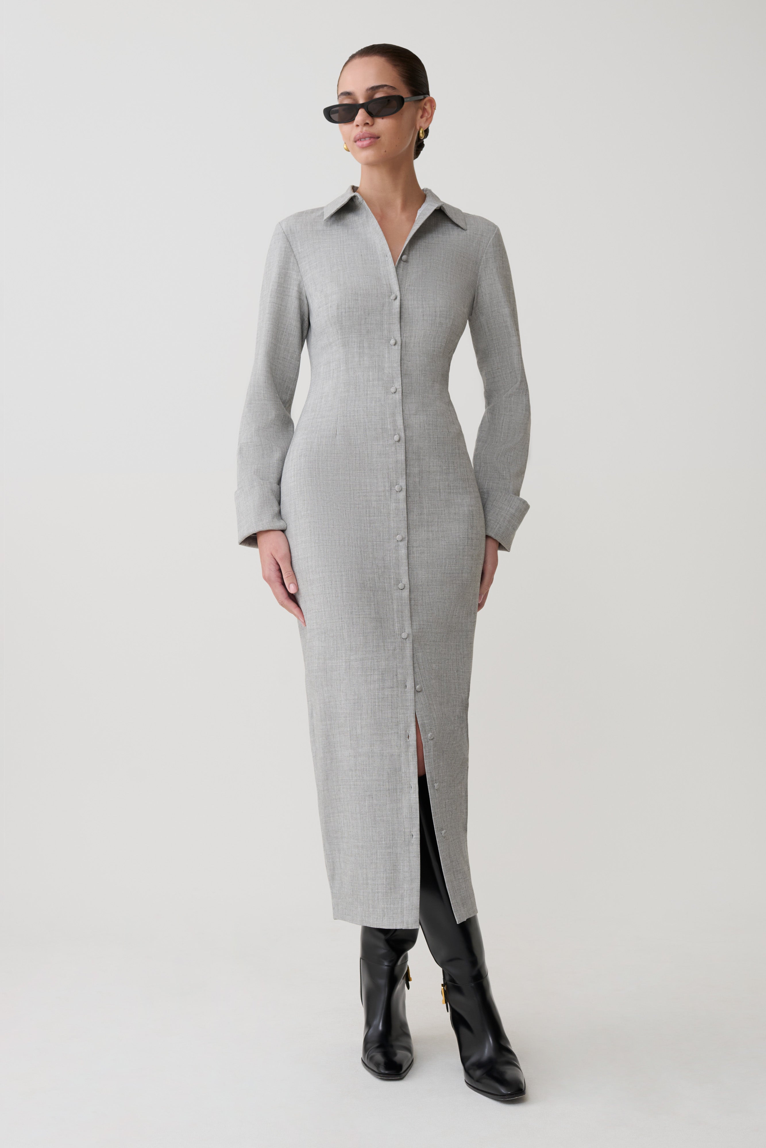 【Bibiy】DORIAN JACKET DRESS Dorian Fitted Shirt Midi Dress - Charcoal Marle | MESHKI US