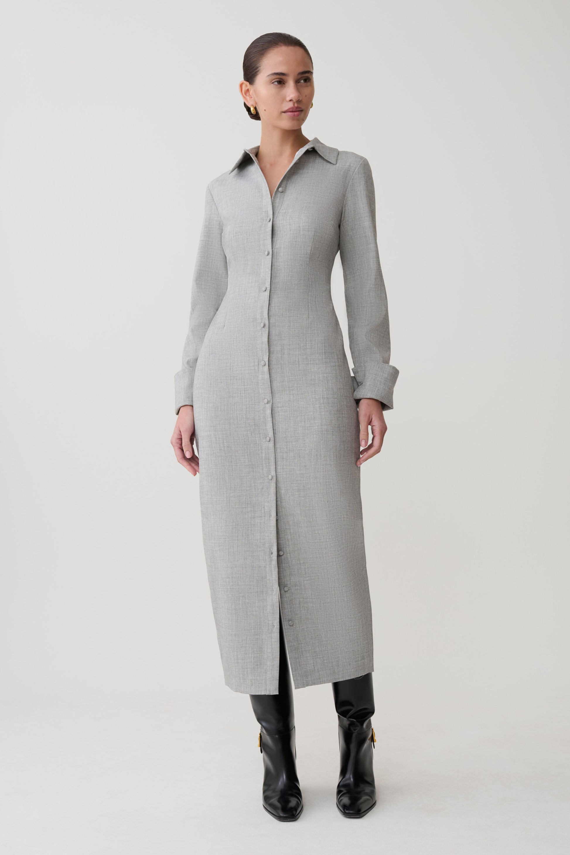 Dorian Fitted Shirt Midi Dress - Charcoal Marle | MESHKI US Dorian Fitted Shirt Midi Dress - Charcoal Marle | MESHKI US