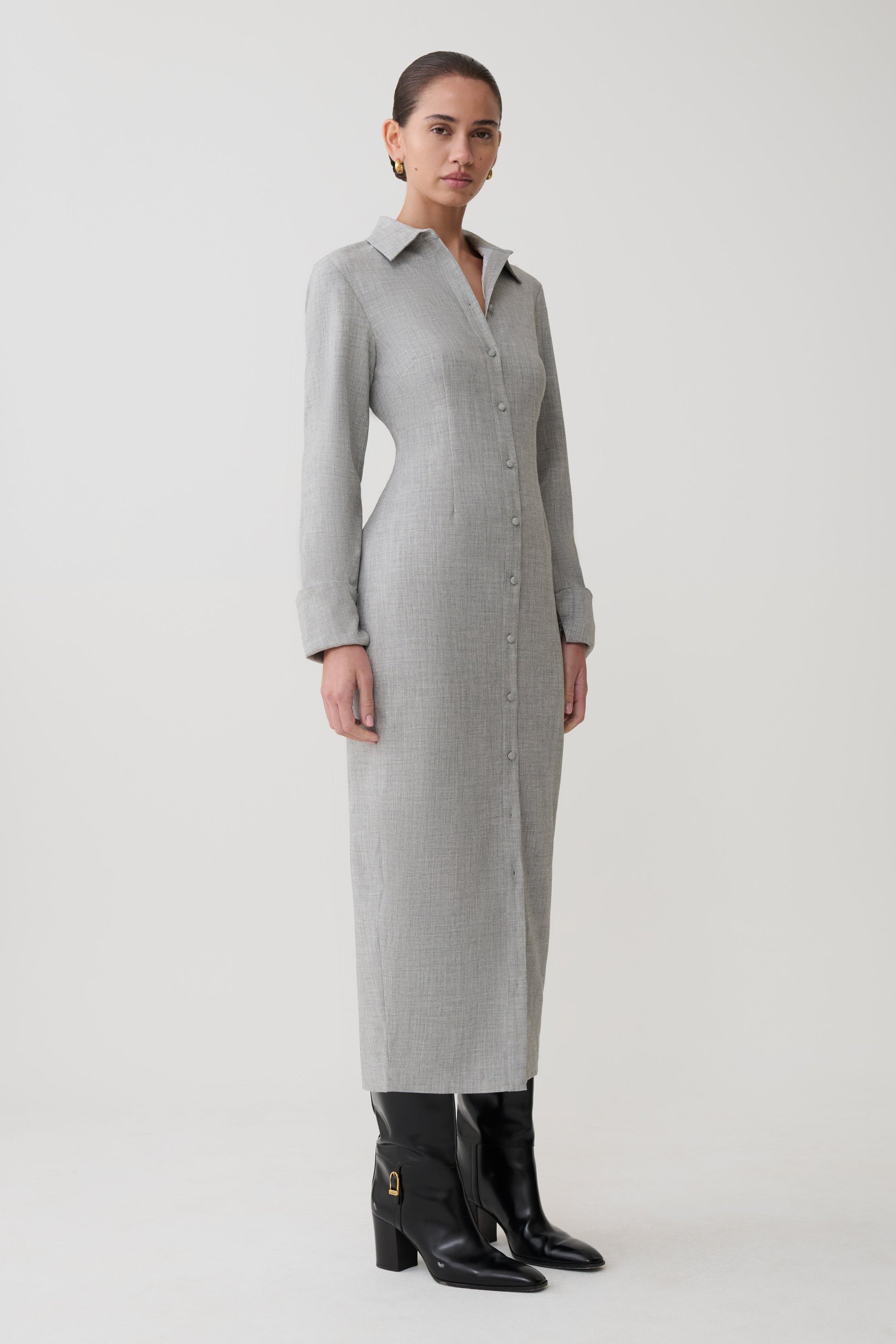 Dorian Fitted Shirt Midi Dress - Charcoal Marle | MESHKI US Dorian Fitted Shirt Midi Dress - Charcoal Marle | MESHKI US