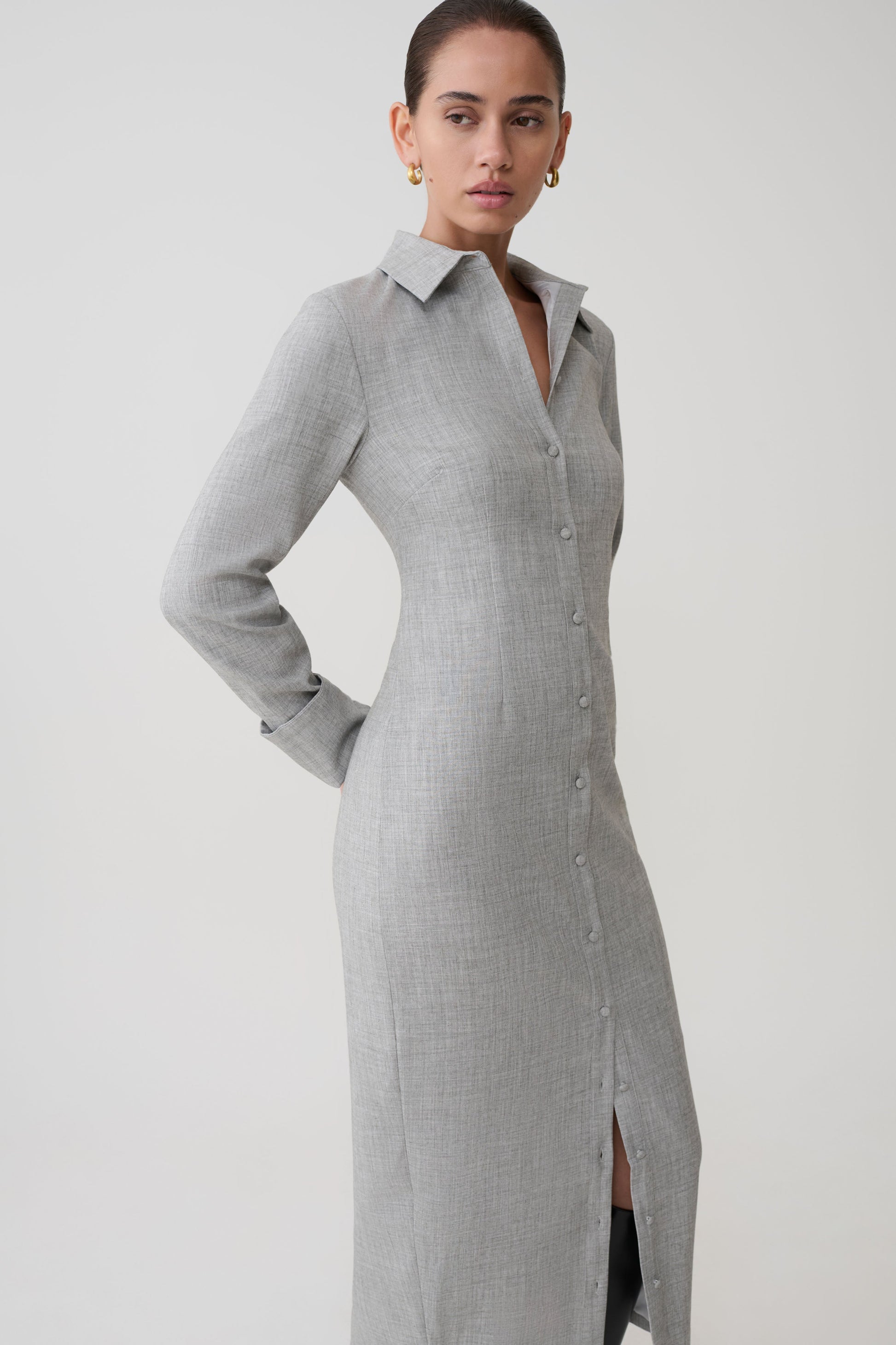 Dorian Fitted Shirt Midi Dress / Charcoal Marle | MESHKI
