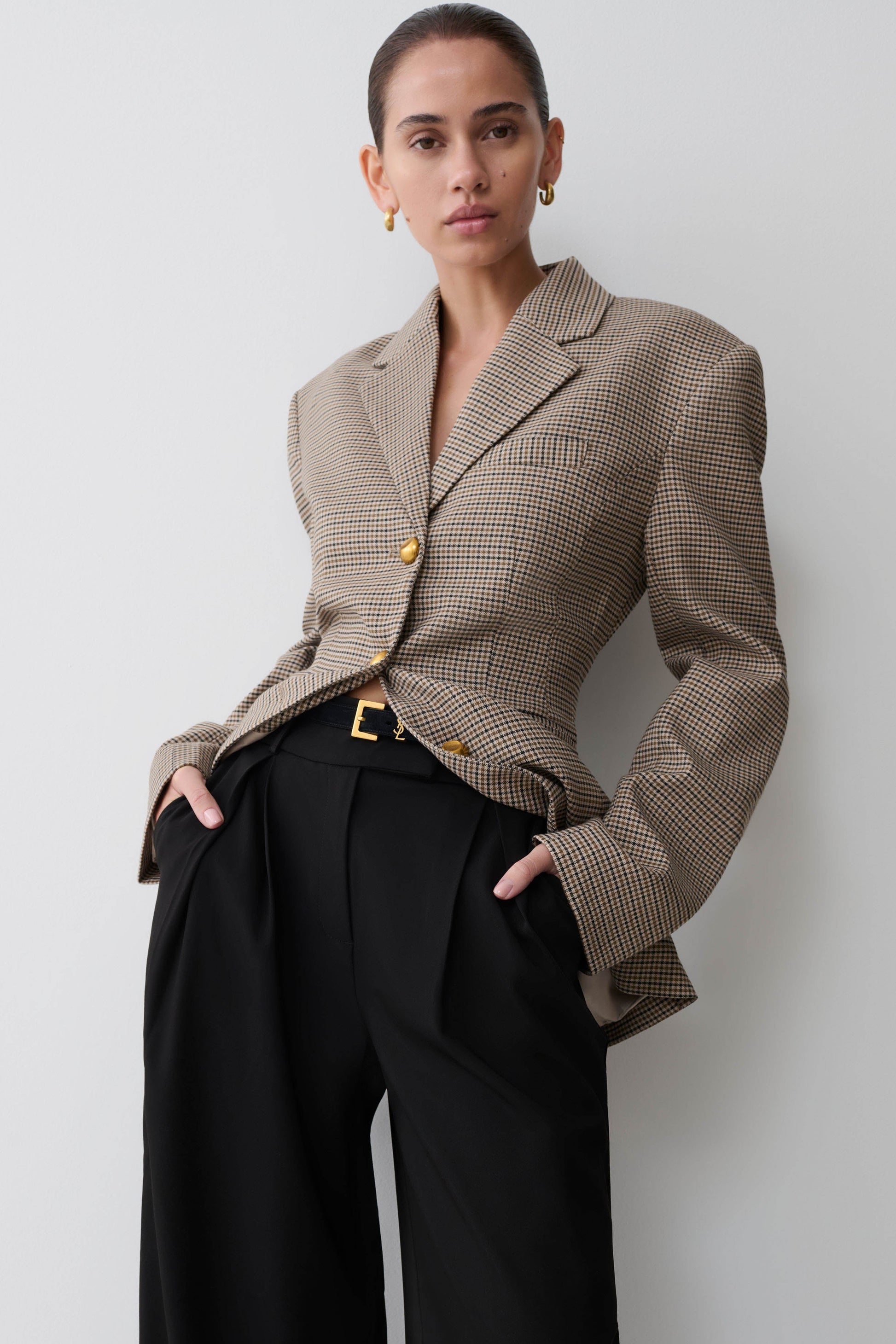 Mila Shaped Blazer / Tan Check | MESHKI