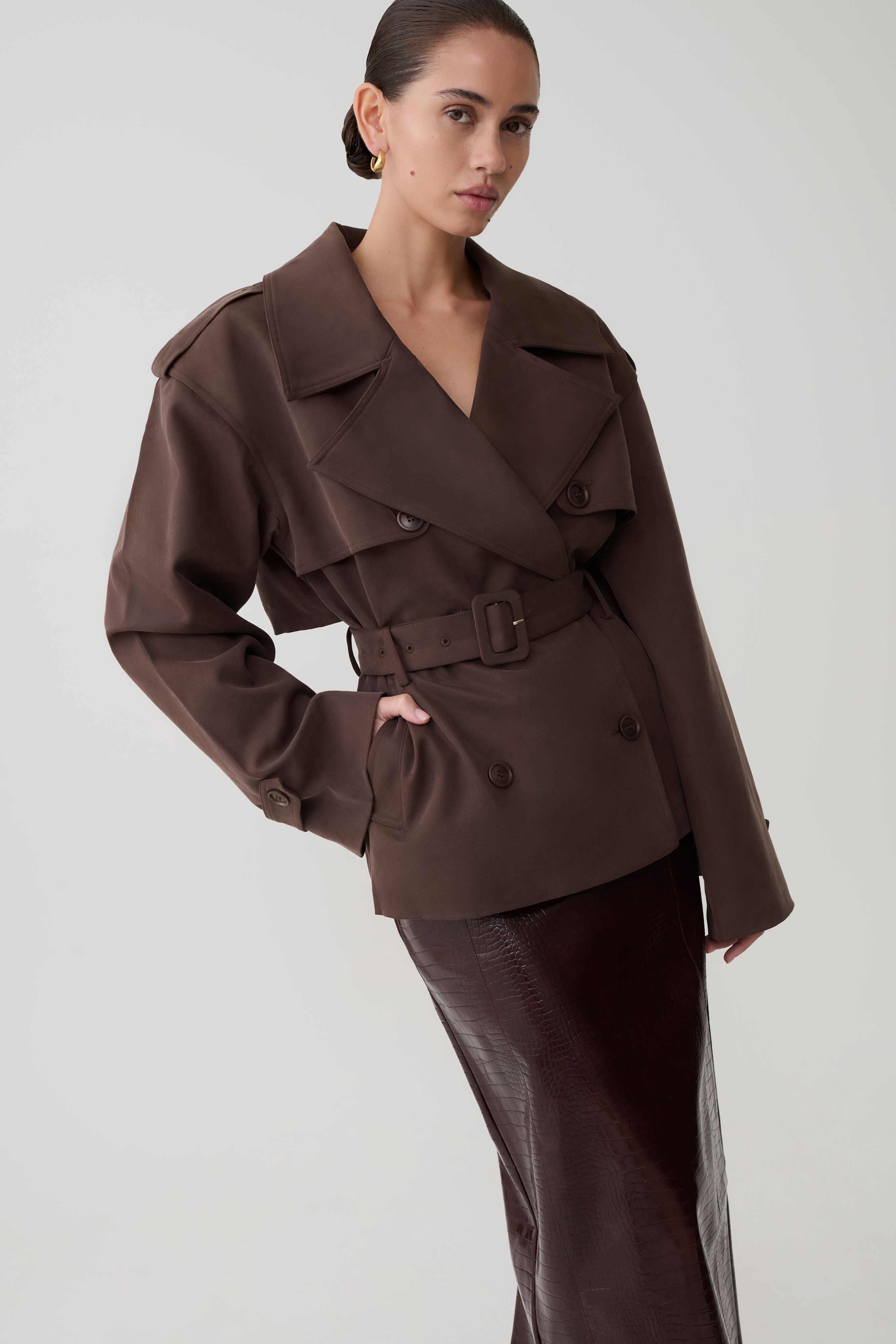 Alden Short Trench Jacket - Chocolate | MESHKI US