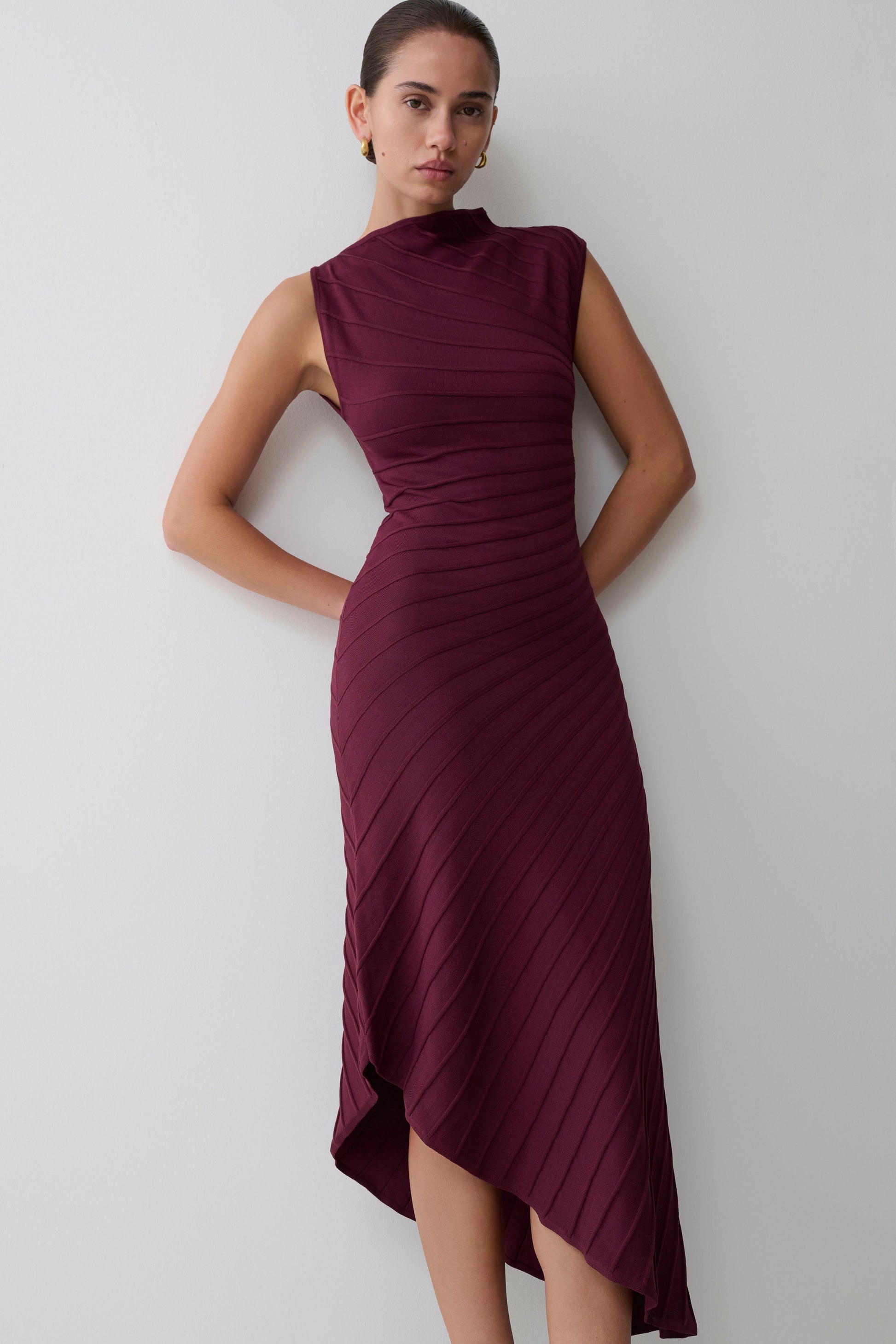 Milasandra Pleated Knit Dress - Plum | MESHKI US Milasandra Pleated Knit Dress - Plum | MESHKI US