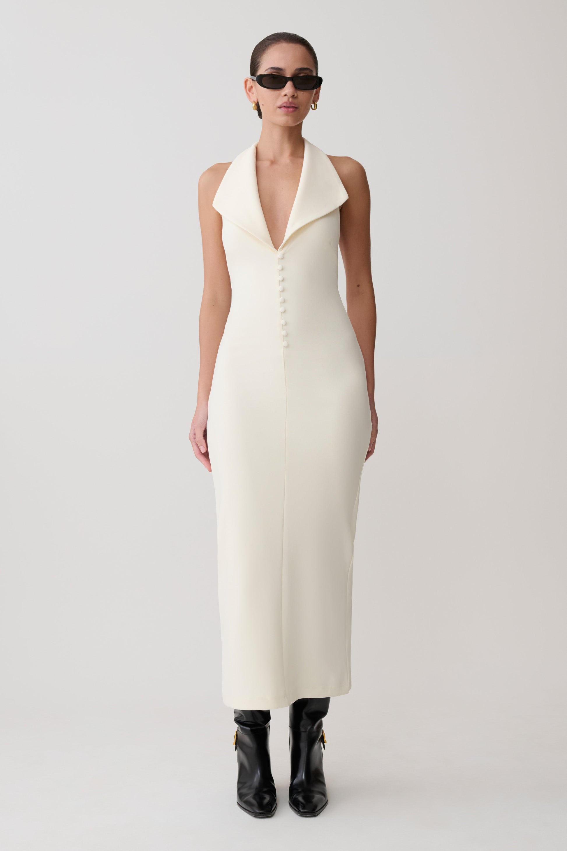 Annita Crepe Halter Midi Dress / Ivory | MESHKI | 3XL Annita Crepe Halter Midi Dress / Ivory | MESHKI | 3XL