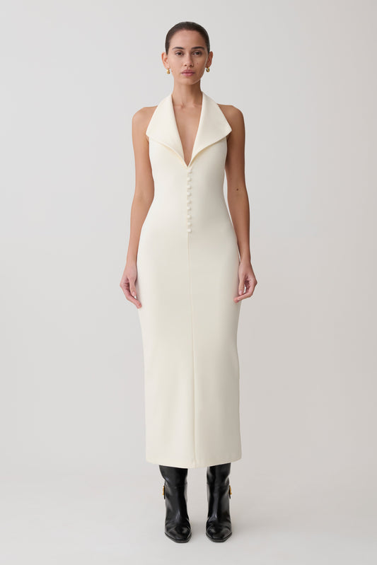 Annita Crepe Halter Midi Dress - Ivory