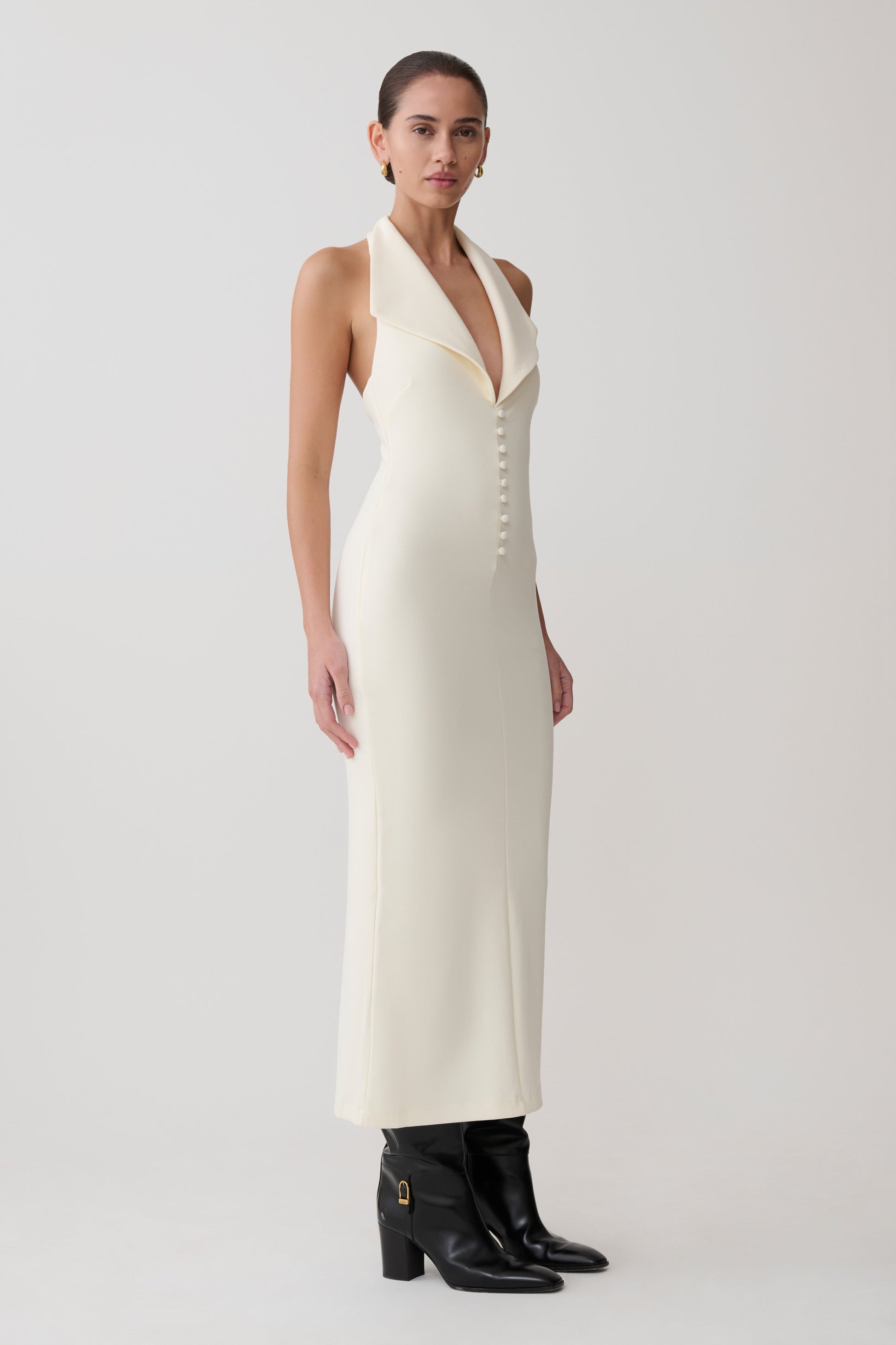 Annita Crepe Halter Midi Dress / Ivory | MESHKI