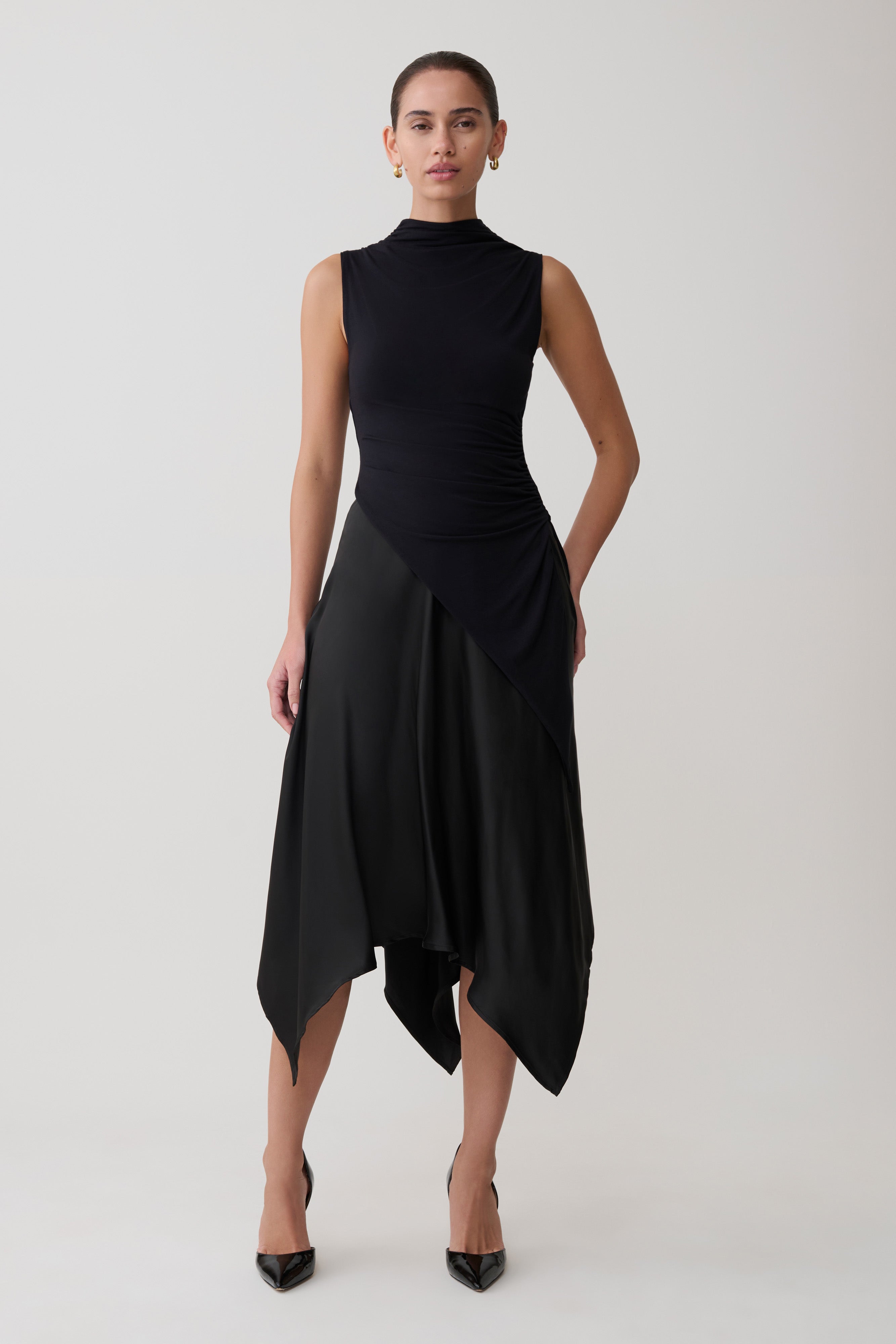 Coralie Asymmetric Satin Midi Skirt - Black | MESHKI US