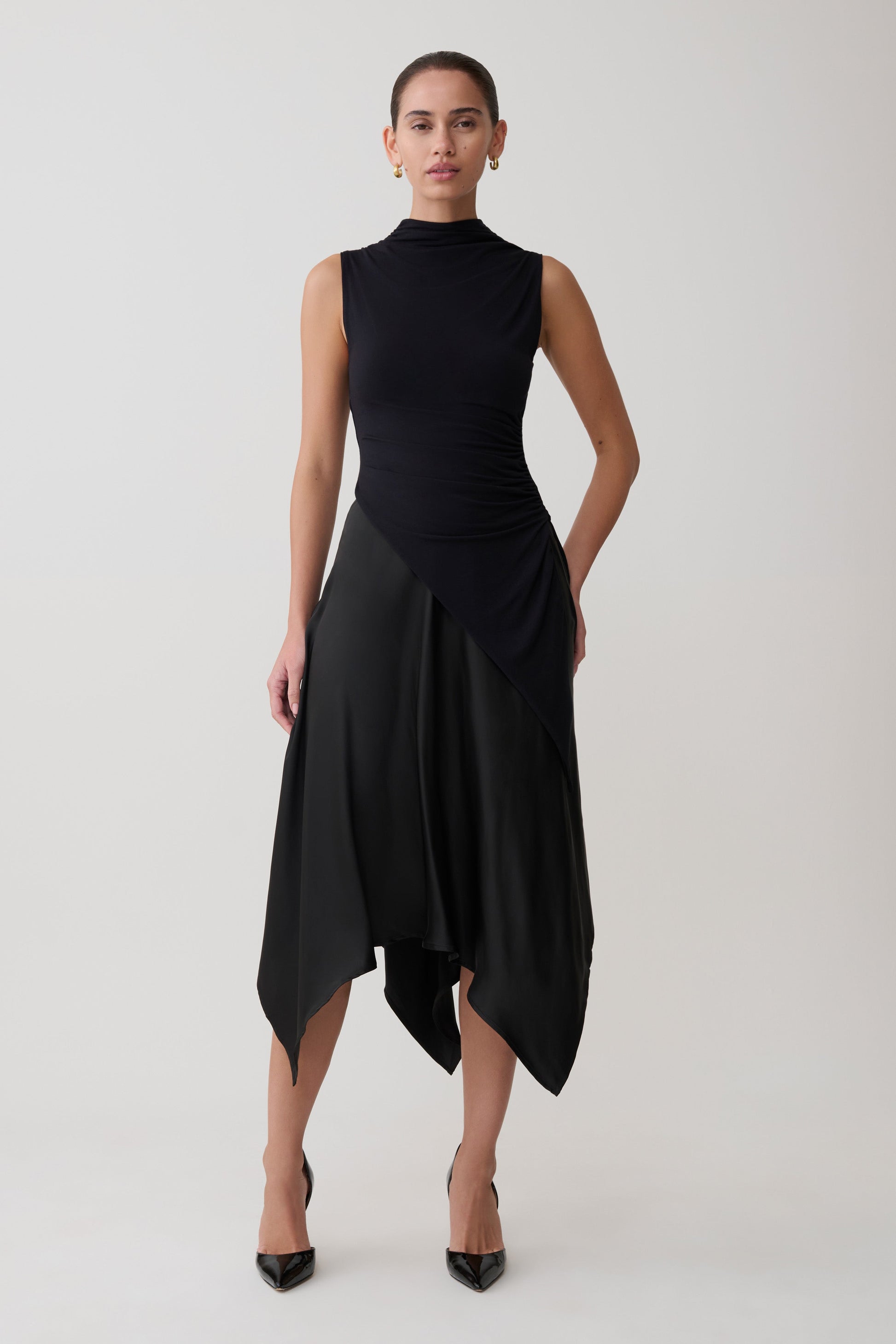 Coralie Asymmetric Satin Midi Skirt / Black | MESHKI