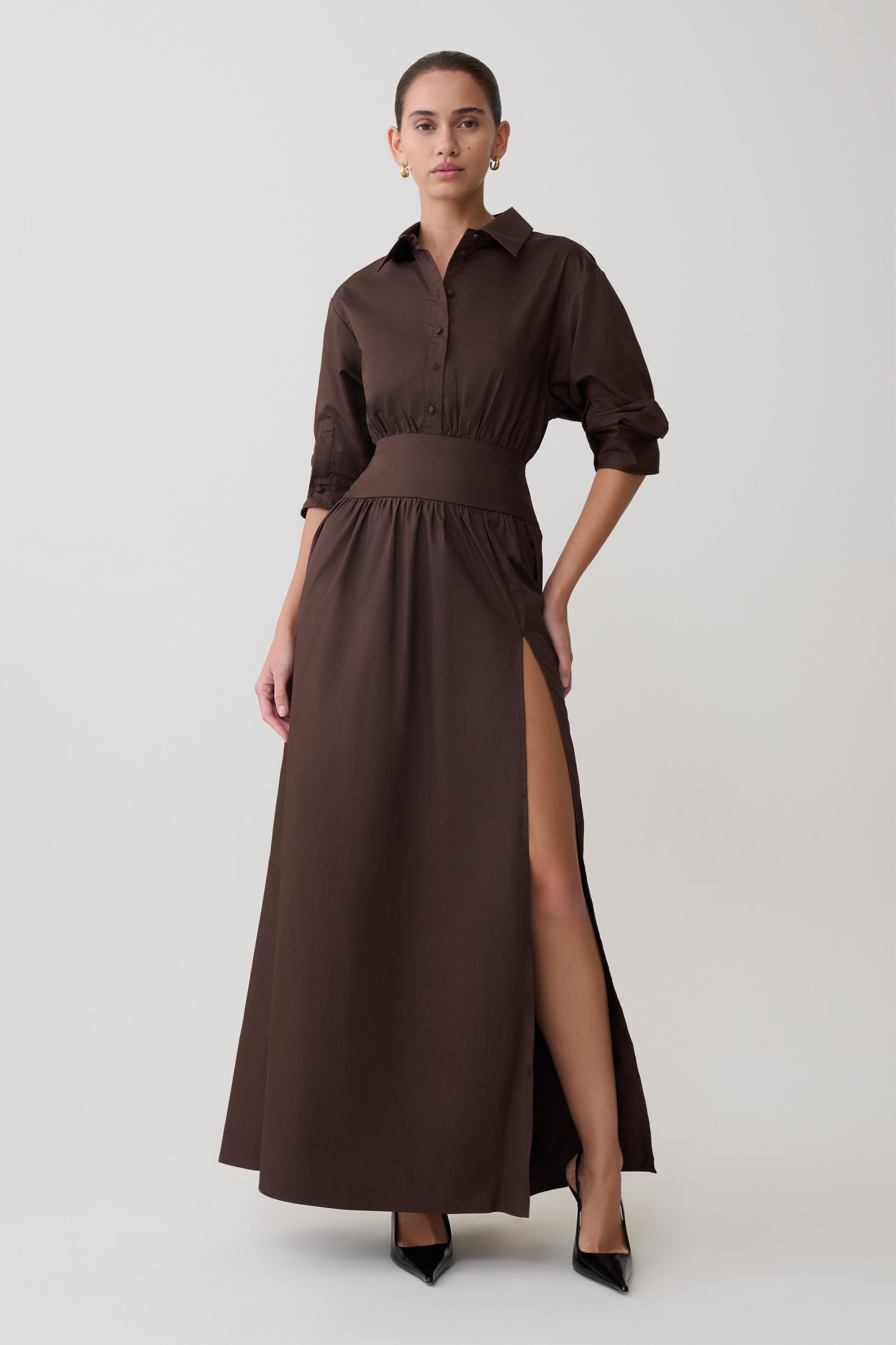 Isolde Long Sleeve Cotton Maxi Dress / Dark Chocolate | MESHKI