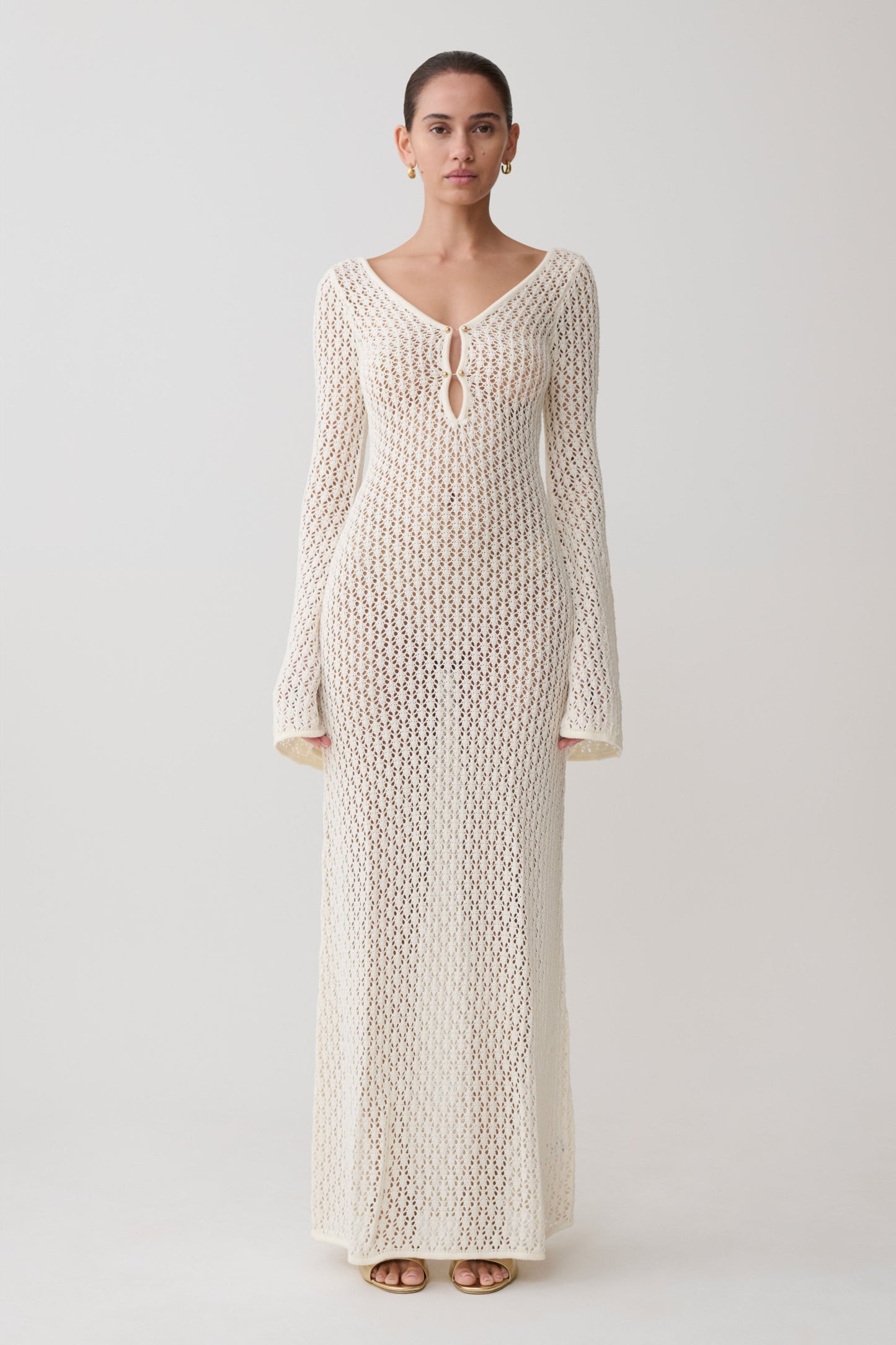 Kayleigh Crochet Fishtail Flare Sleeve Maxi Dress - White
