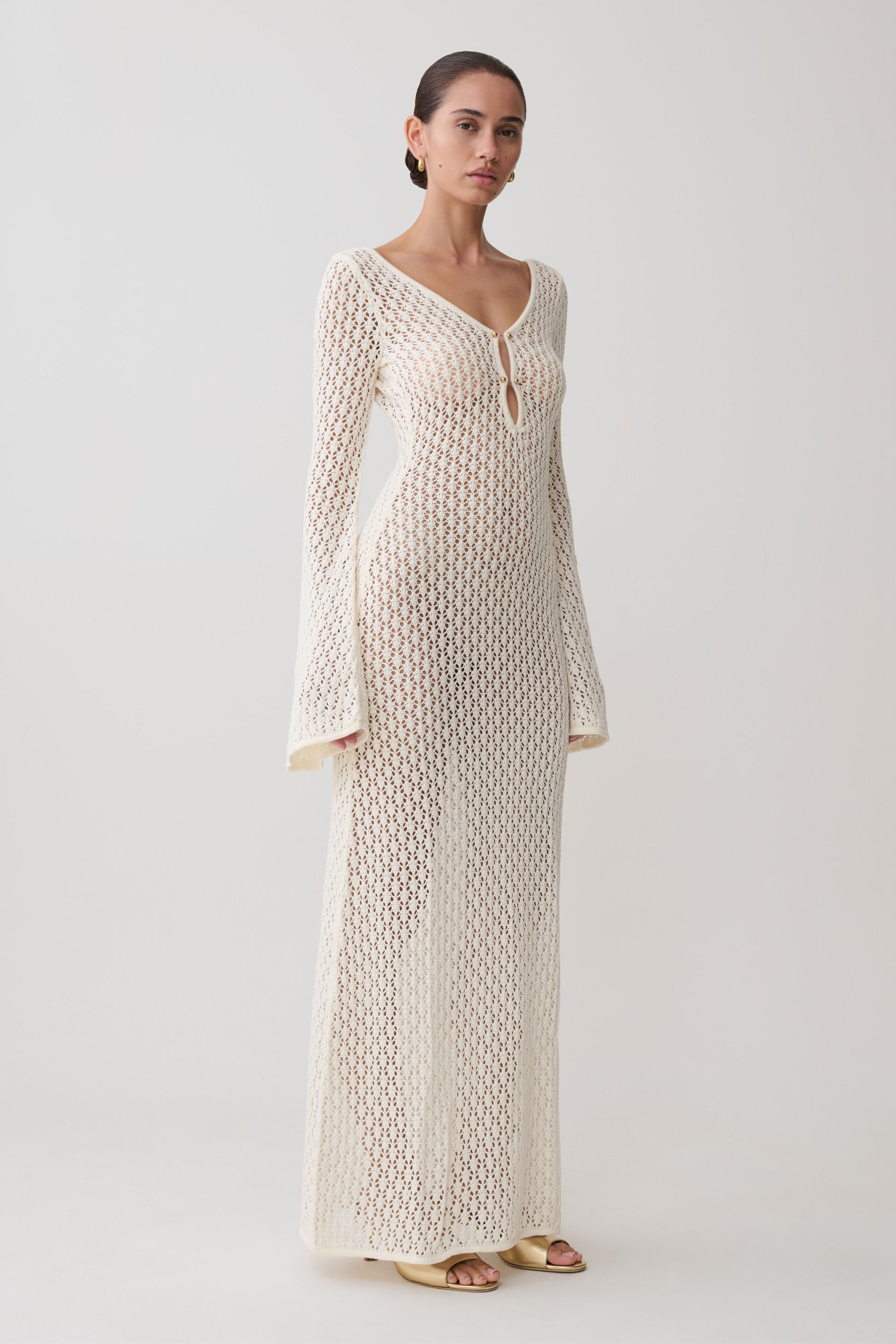 Kayleigh Crochet Fishtail Flare Sleeve Maxi Dress - White | MESHKI US Kayleigh Crochet Fishtail Flare Sleeve Maxi Dress - White | MESHKI US