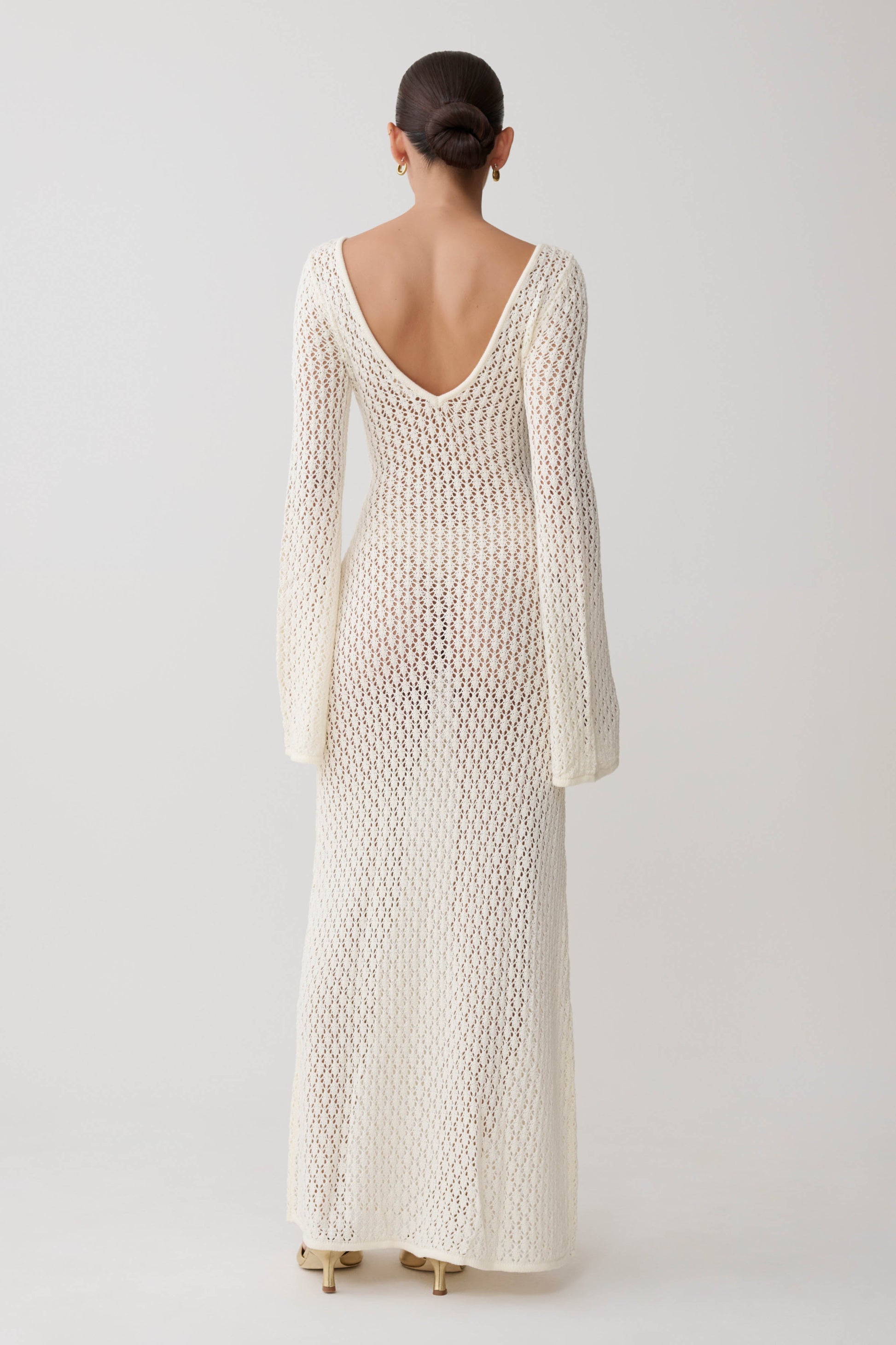 Kayleigh Crochet Fishtail Flare Sleeve Maxi Dress - White | MESHKI US Kayleigh Crochet Fishtail Flare Sleeve Maxi Dress - White | MESHKI US