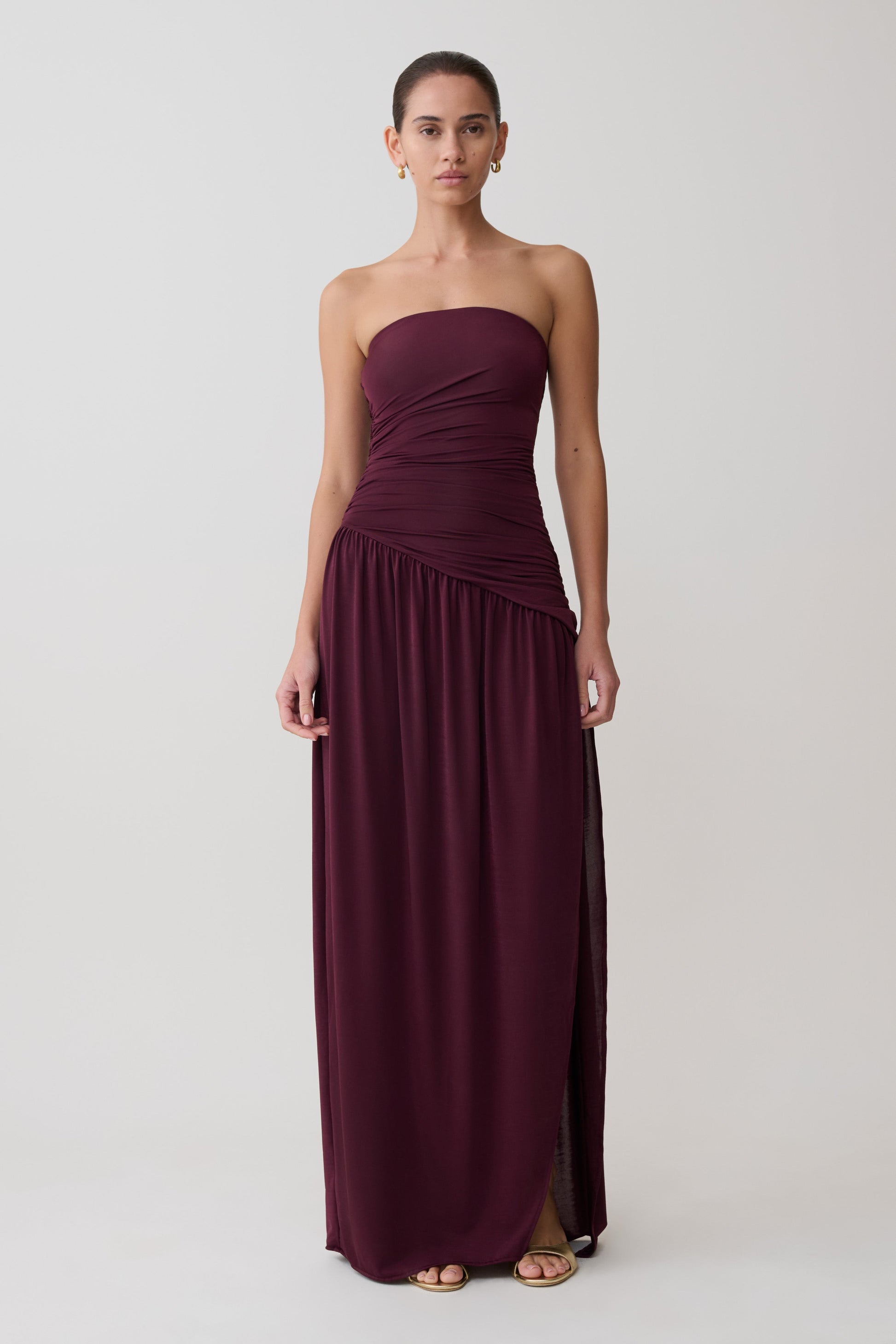 Bex Strapless Slinky Maxi Dress With Split - Burgundy | MESHKI US Bex Strapless Slinky Maxi Dress With Split - Burgundy | MESHKI US