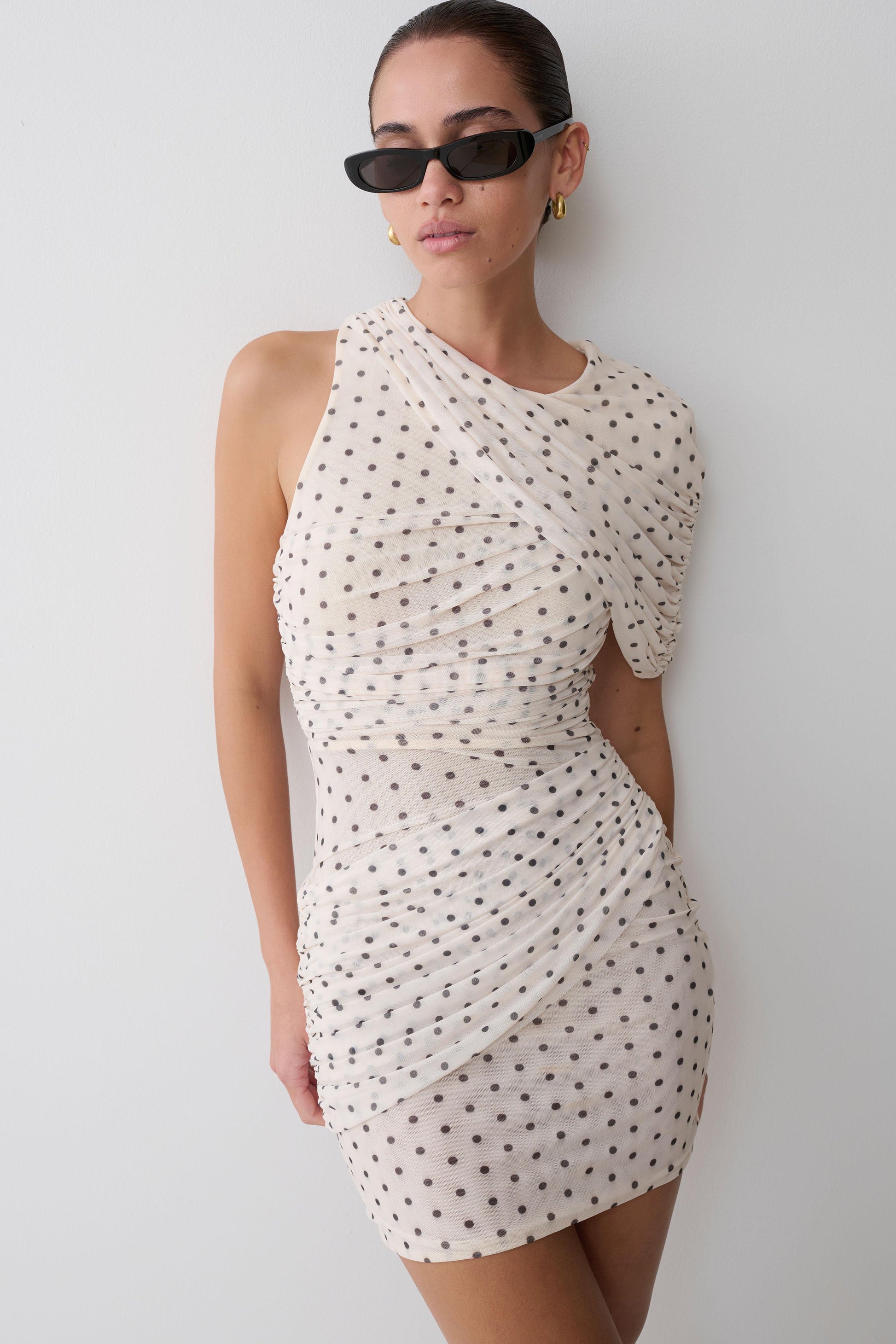 Adrienne One Shoulder Mesh Mini Dress / Polka Dot | MESHKI