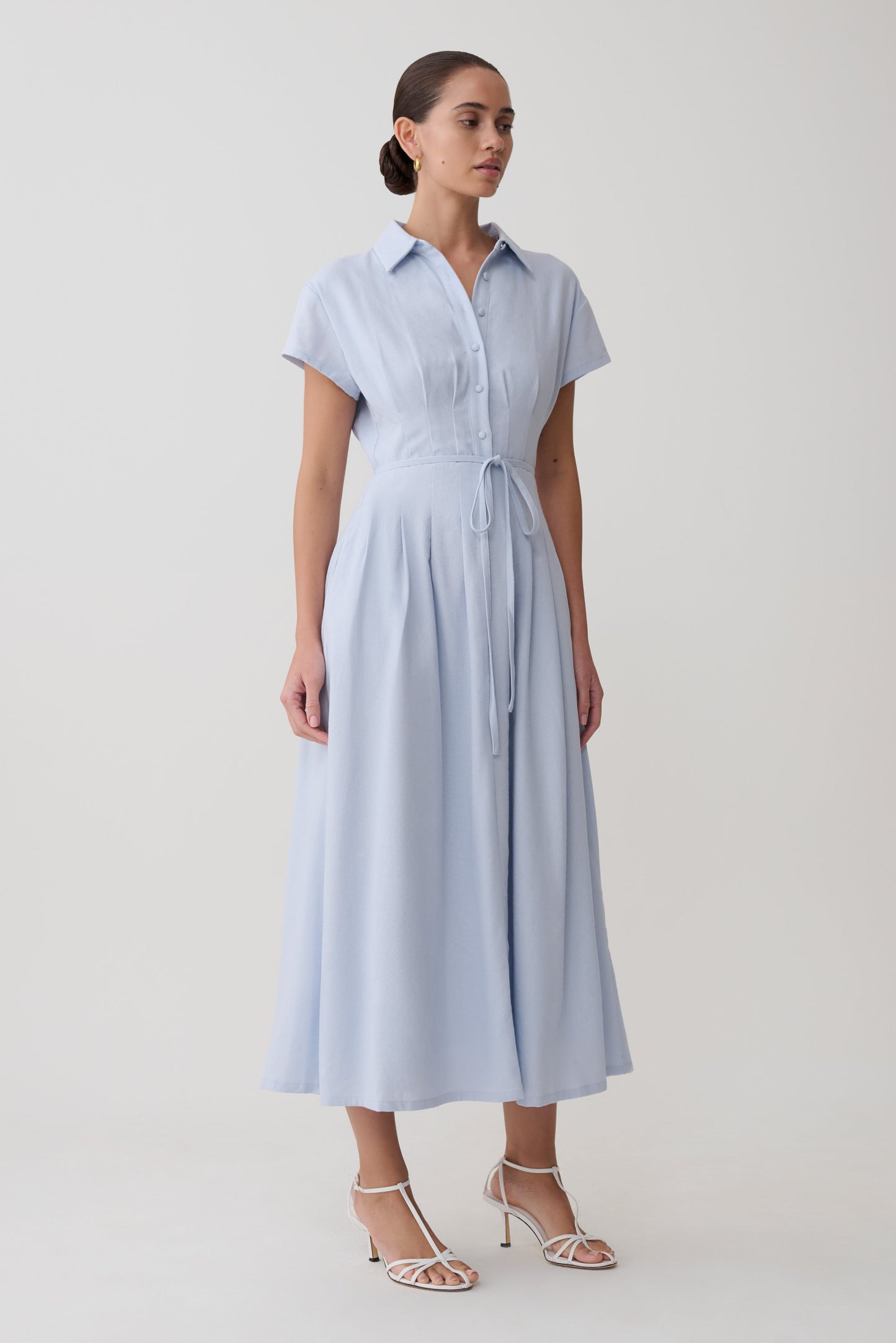 Aysha Buttoned Linen Midi Dress - Cornflower Blue