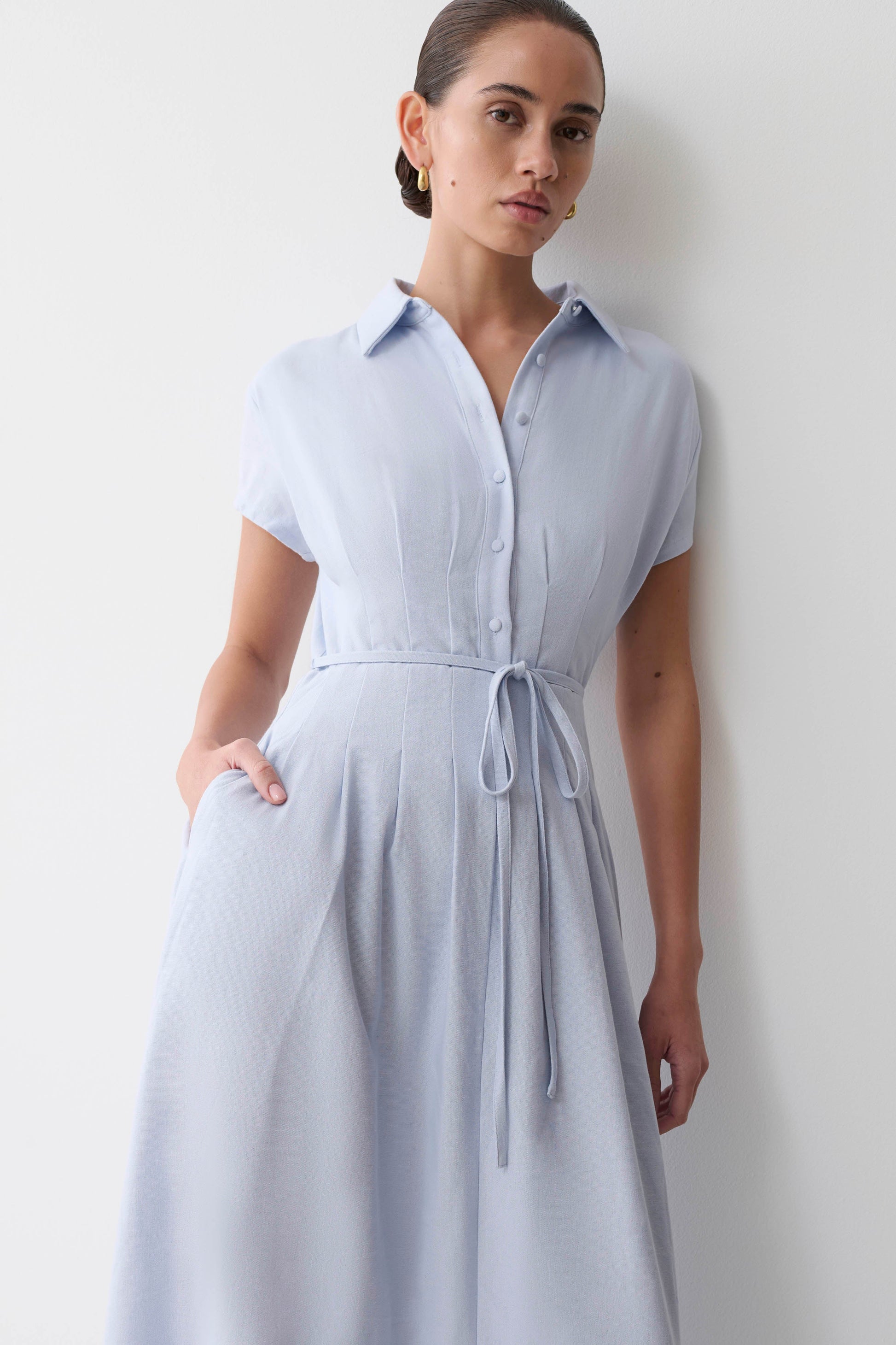 Aysha Buttoned Linen Midi Dress / Cornflower Blue | MESHKI | XS Aysha Buttoned Linen Midi Dress / Cornflower Blue | MESHKI | XS