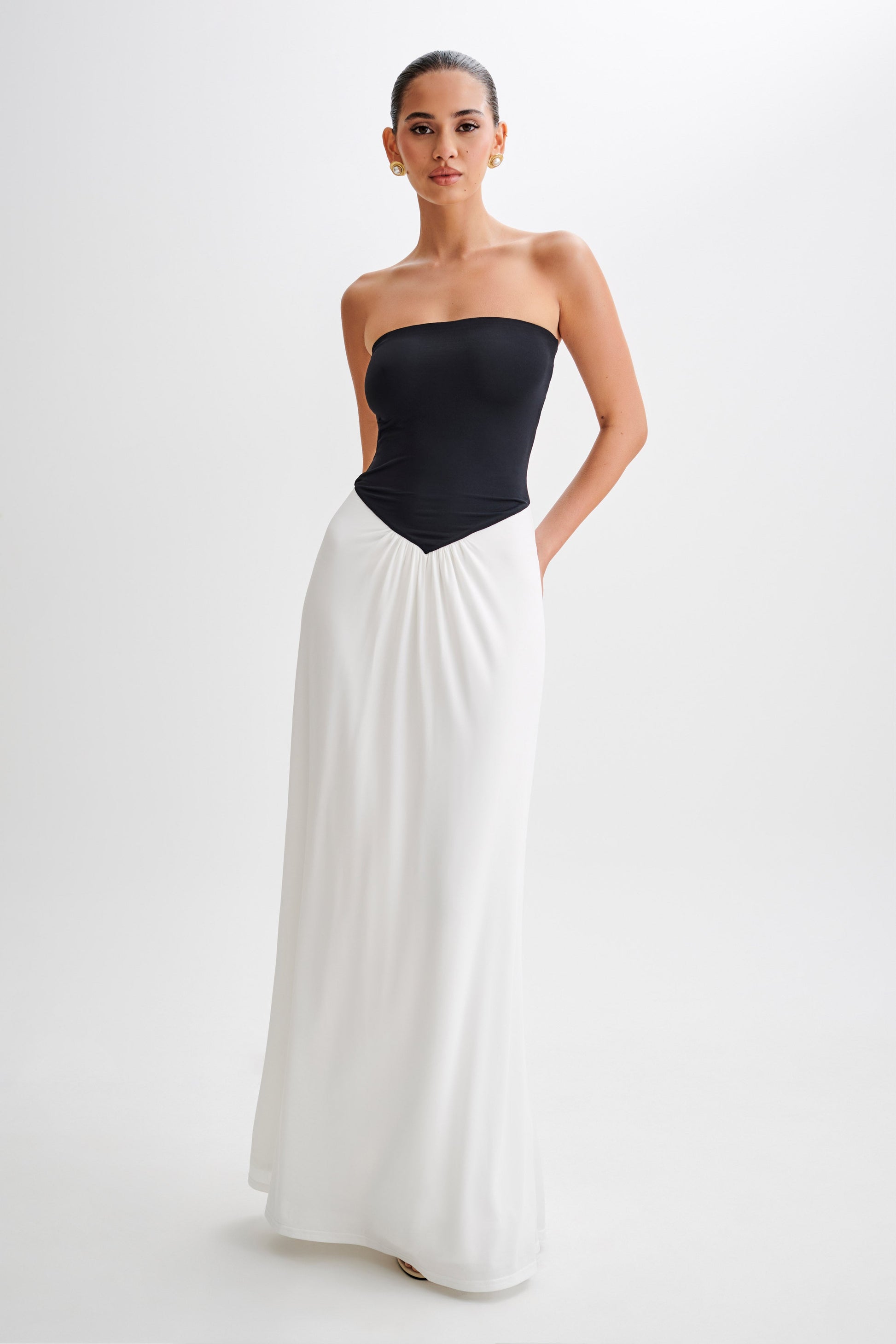 Ruby Strapless Slinky Maxi Dress / Black/White | MESHKI | XXS Ruby Strapless Slinky Maxi Dress / Black/White | MESHKI | XXS